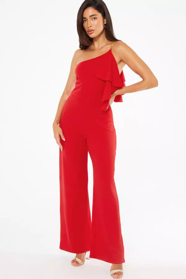 Red One Shoulder Frill Palazzo Jumpsuit