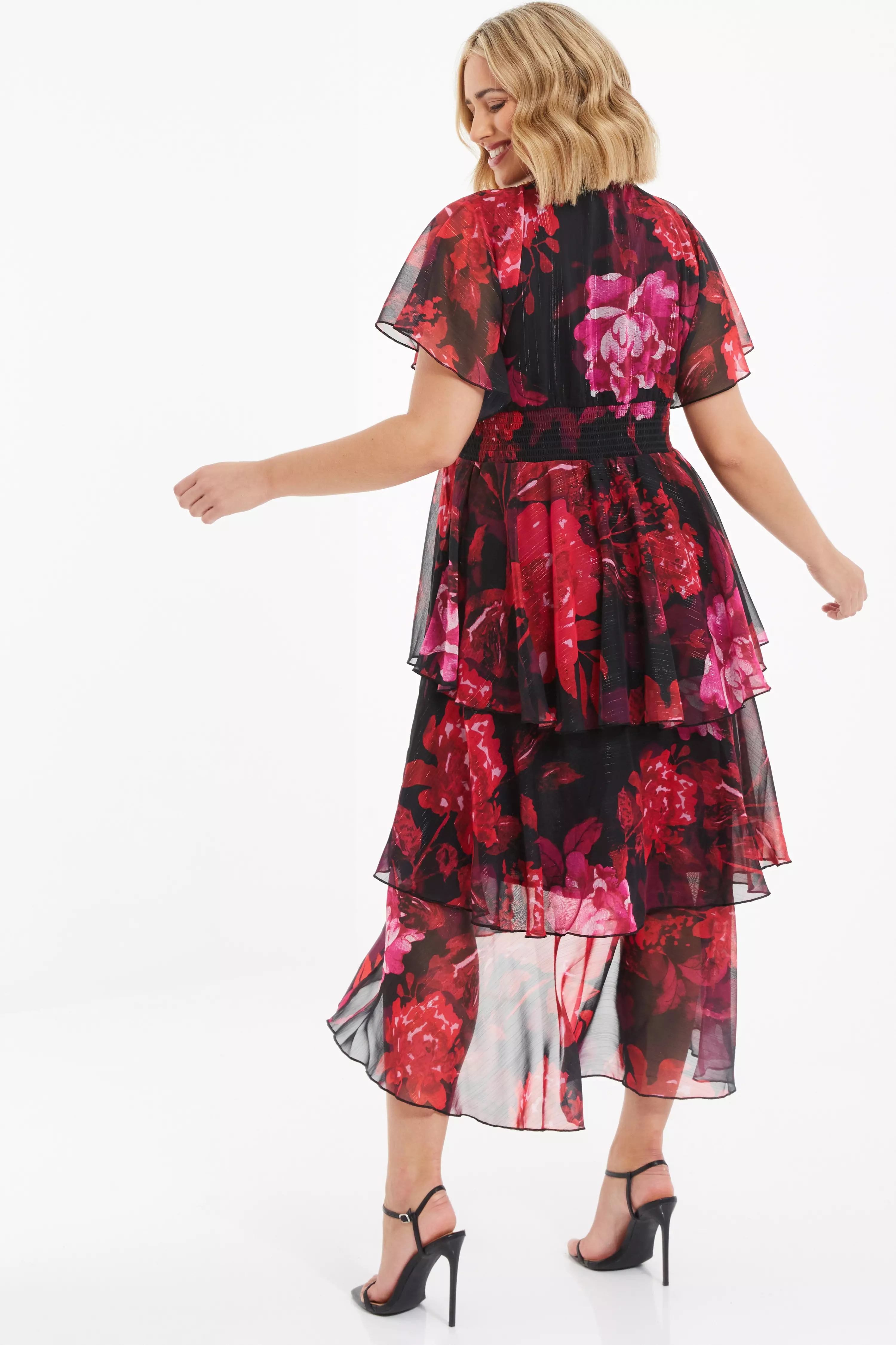 Curve Red Floral Dip Hem Tiered Midi Dress