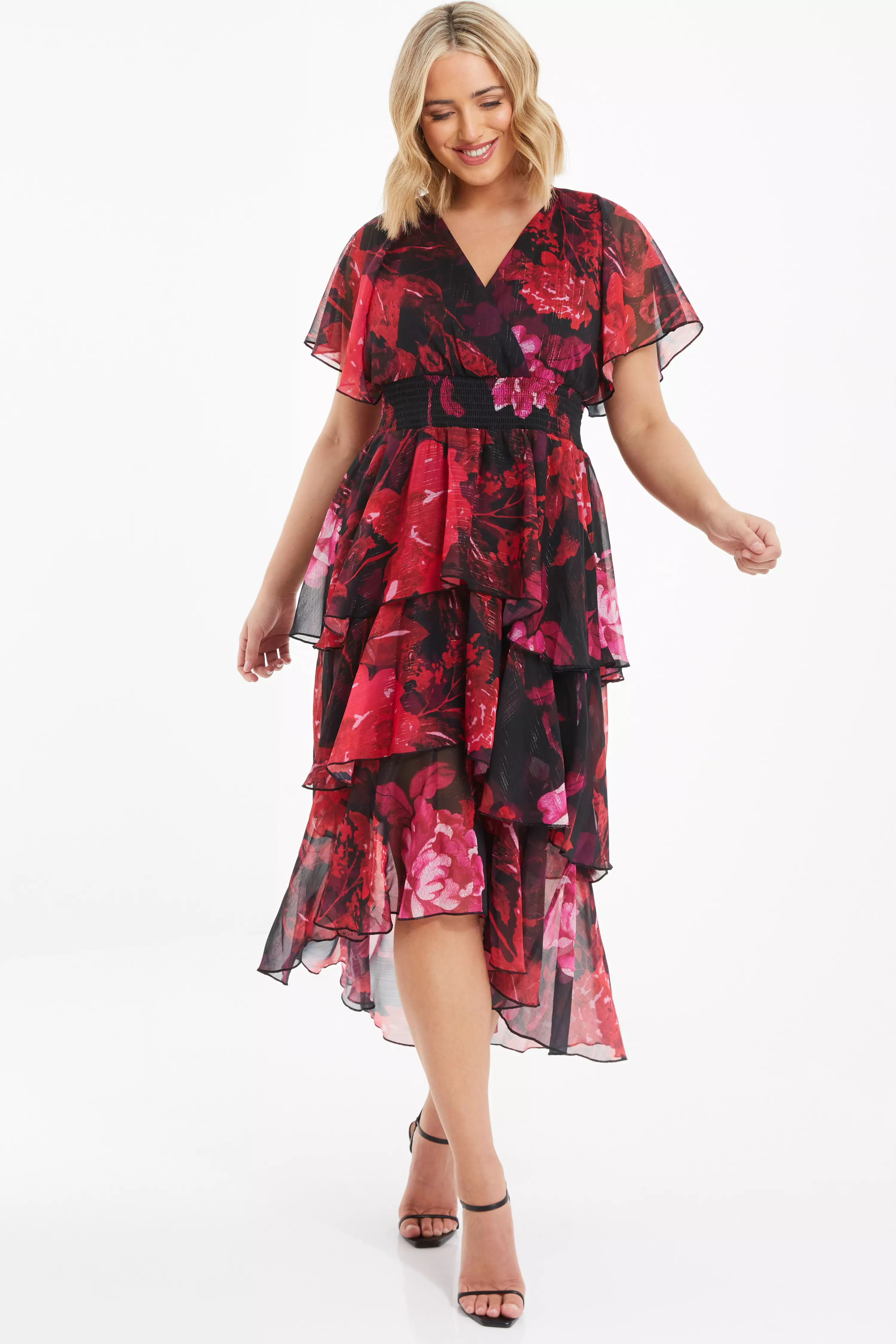 Curve Red Floral Dip Hem Tiered Midi Dress