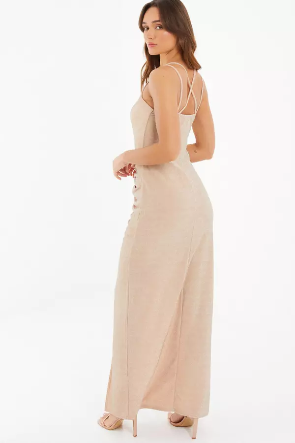 Gold Shimmer Ruched Maxi Dress