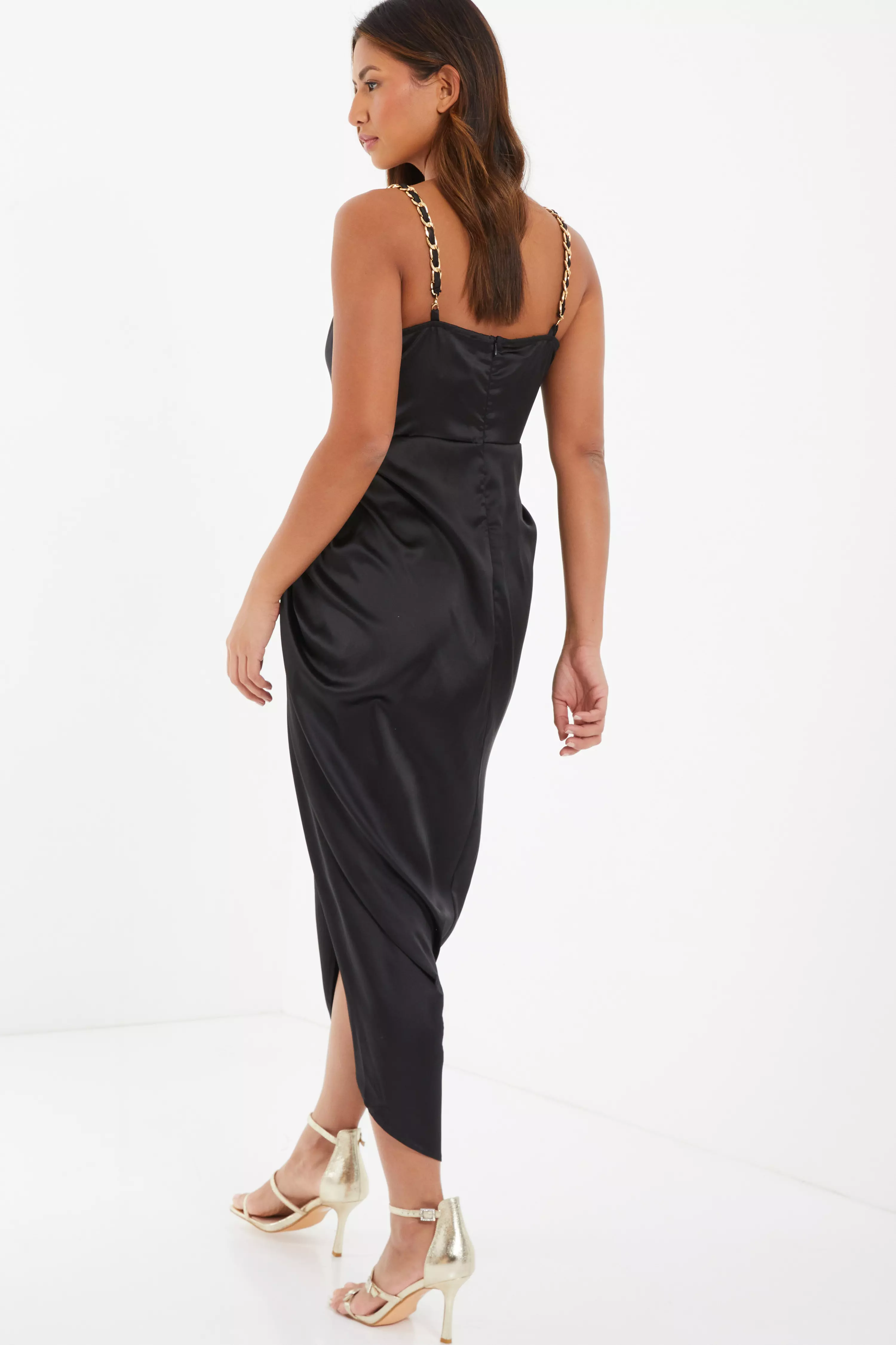 Black Satin Ruched Midaxi Dress