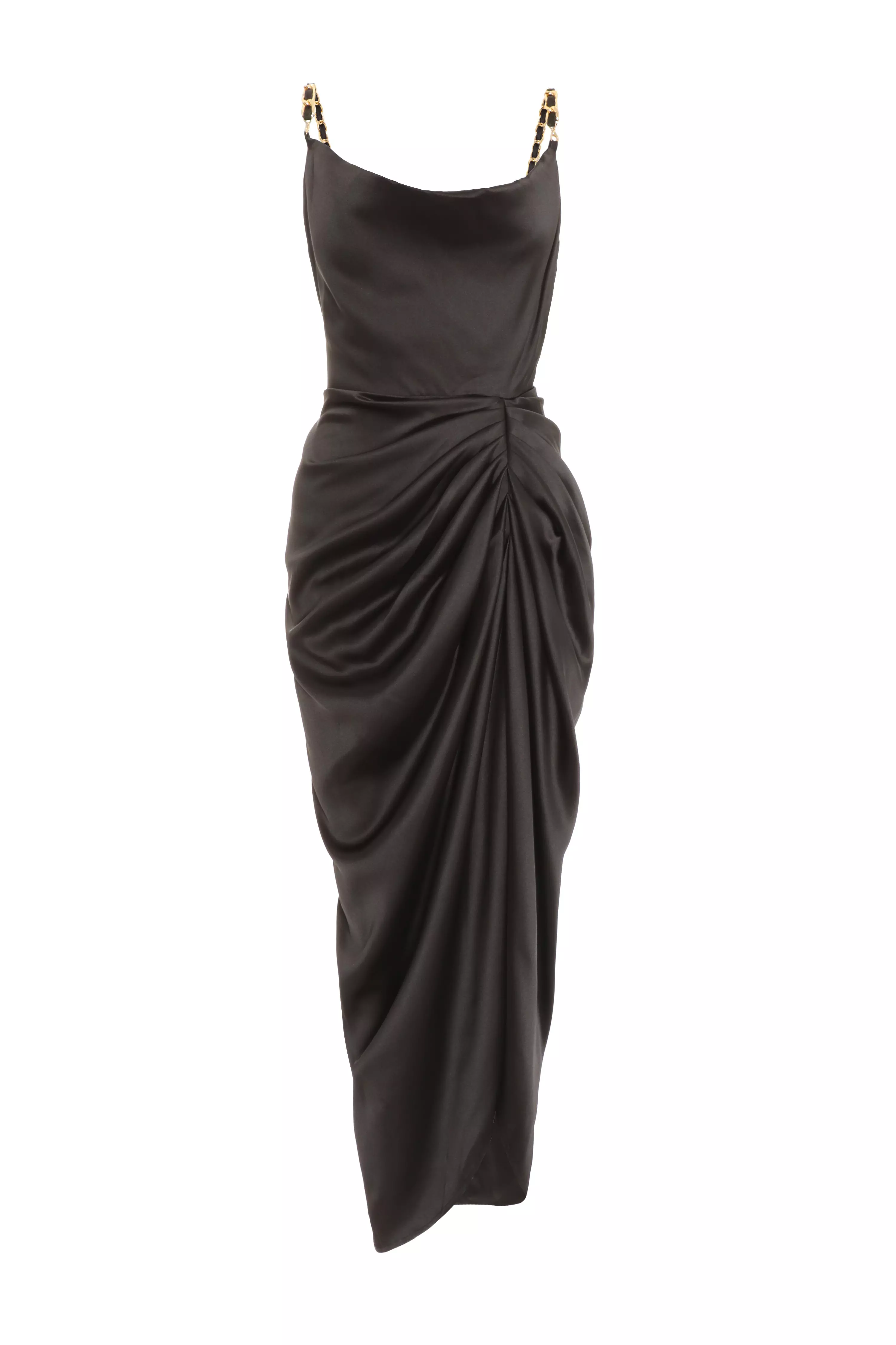 Black Satin Ruched Midaxi Dress