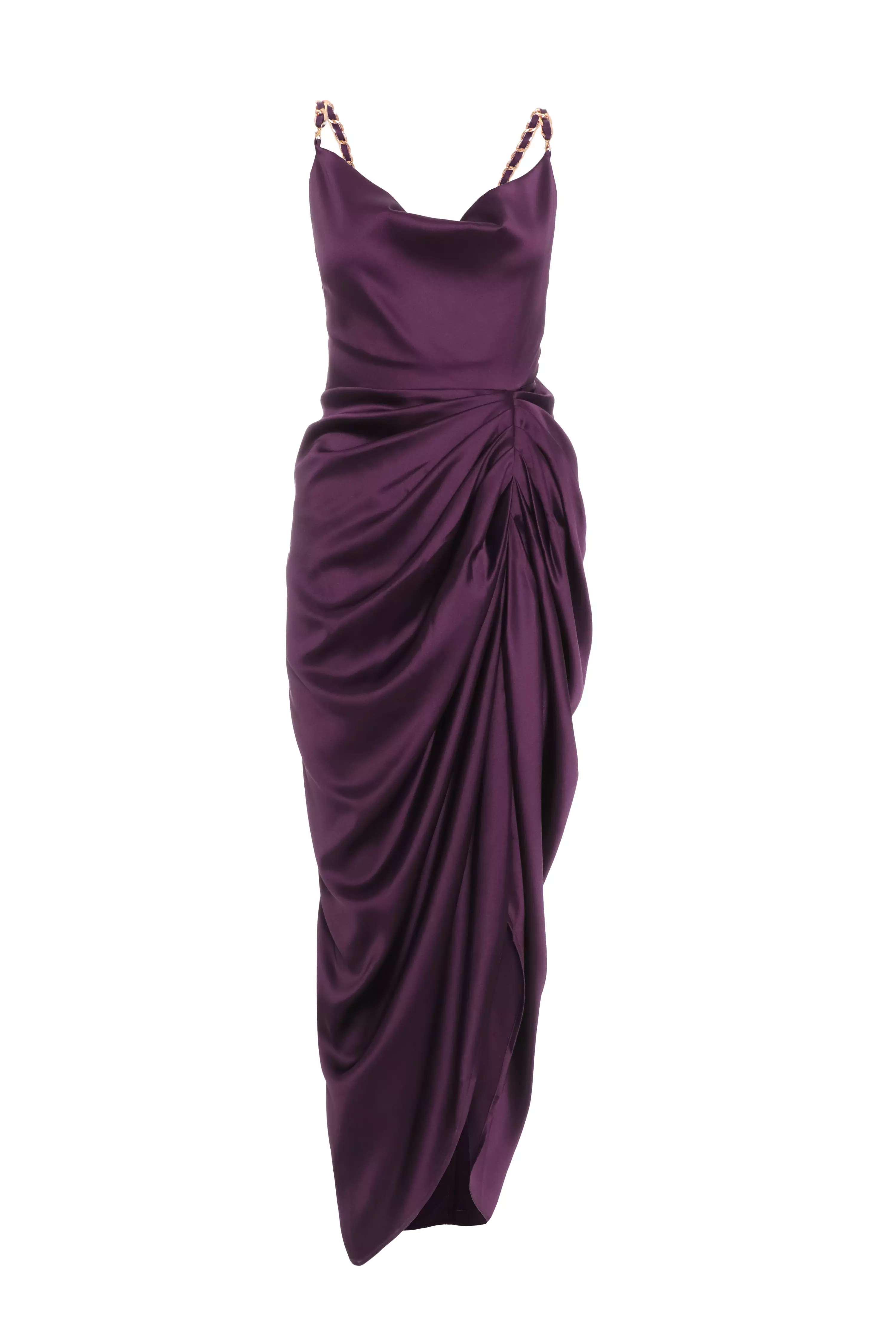 Purple Satin Ruched Midaxi Dress