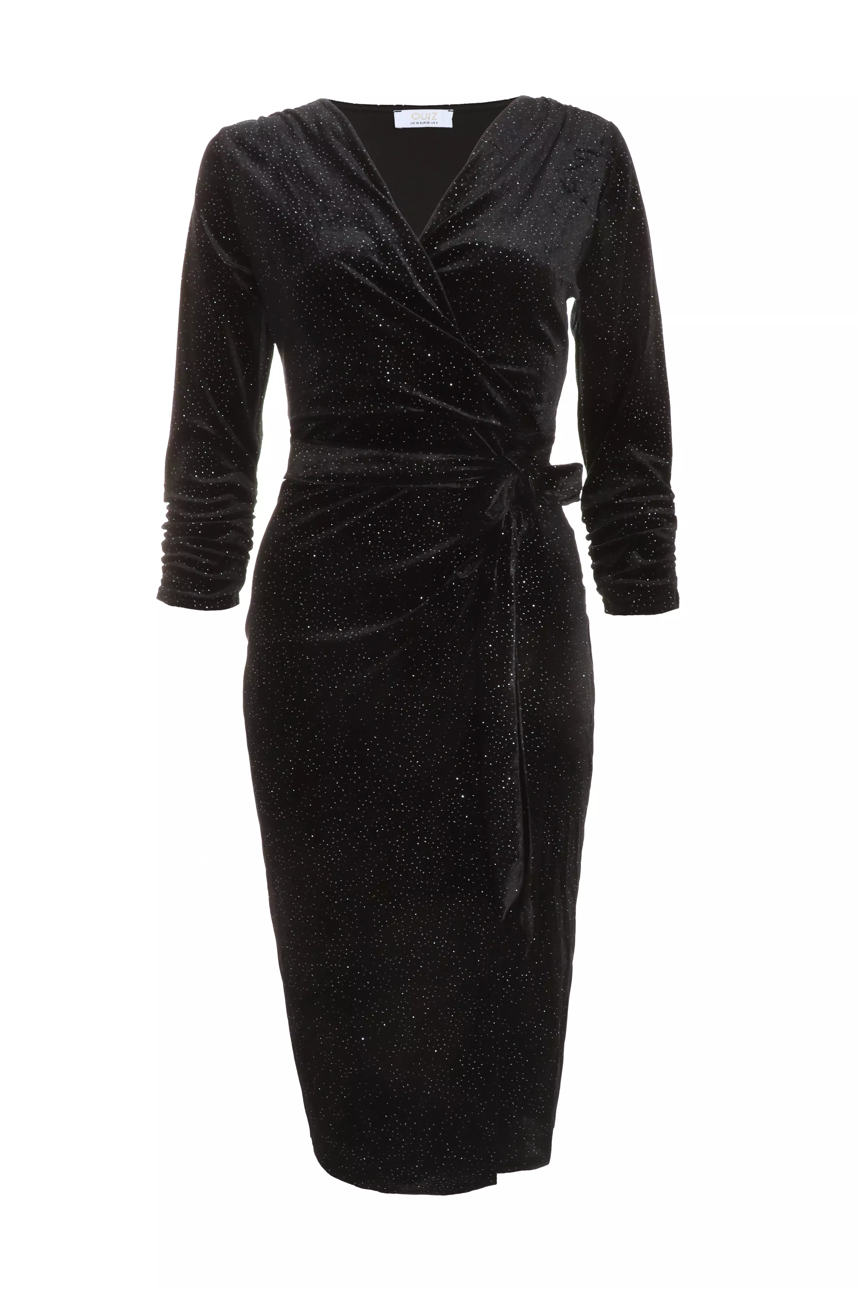 Black Velvet Glitter Midi Wrap Dress