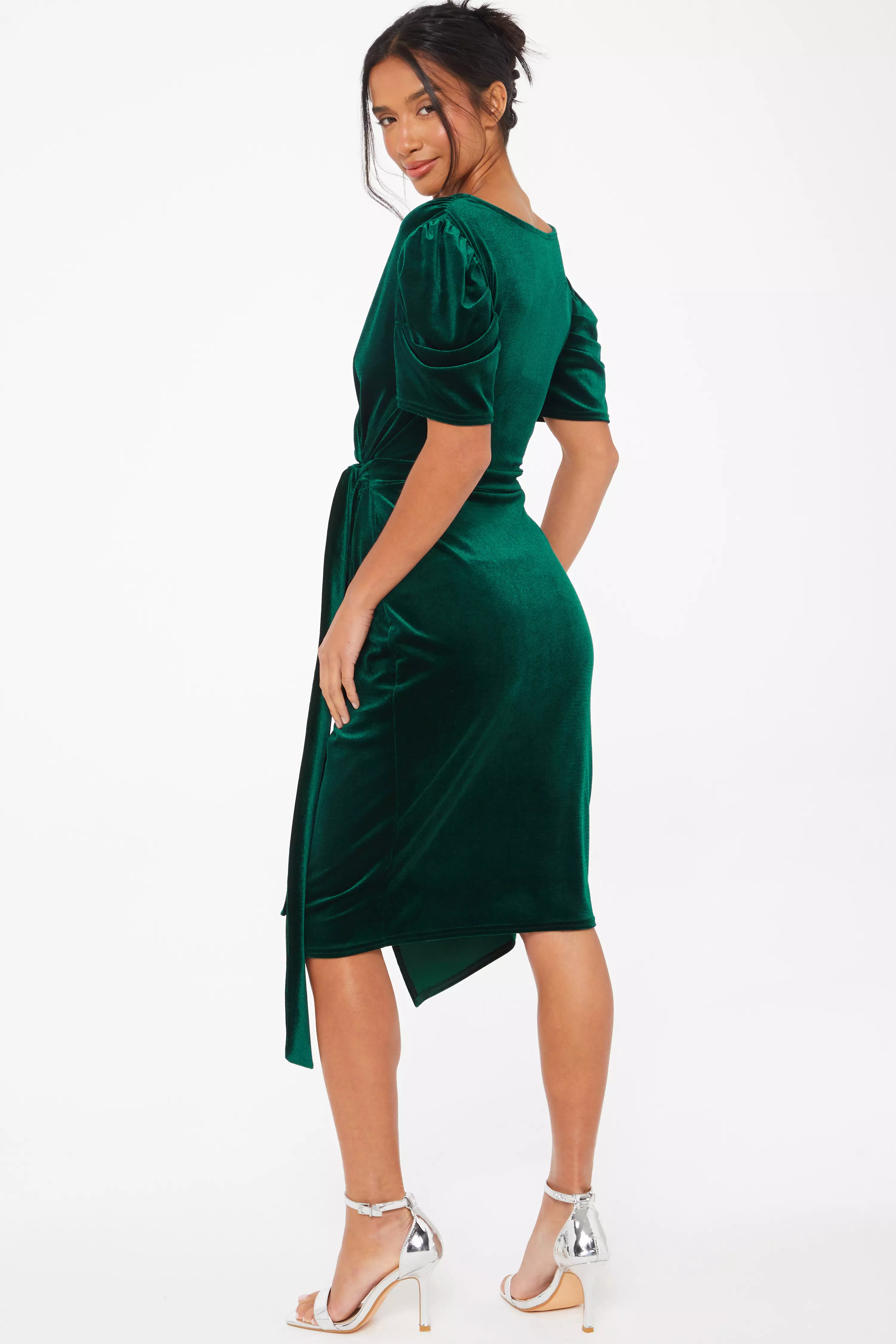 Petite Bottle Green Velvet Wrap Midi Dress