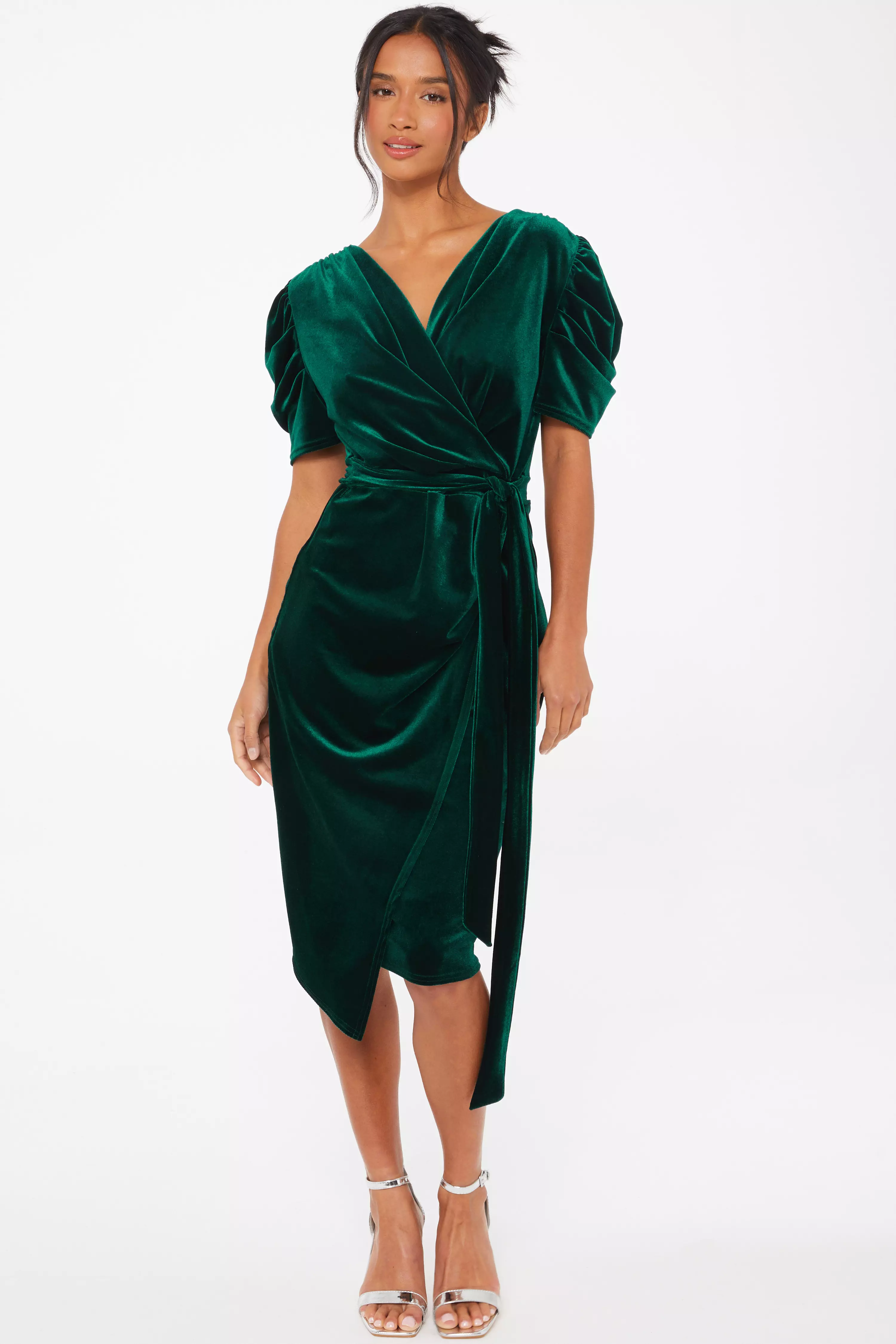 Petite Bottle Green Velvet Wrap Midi Dress