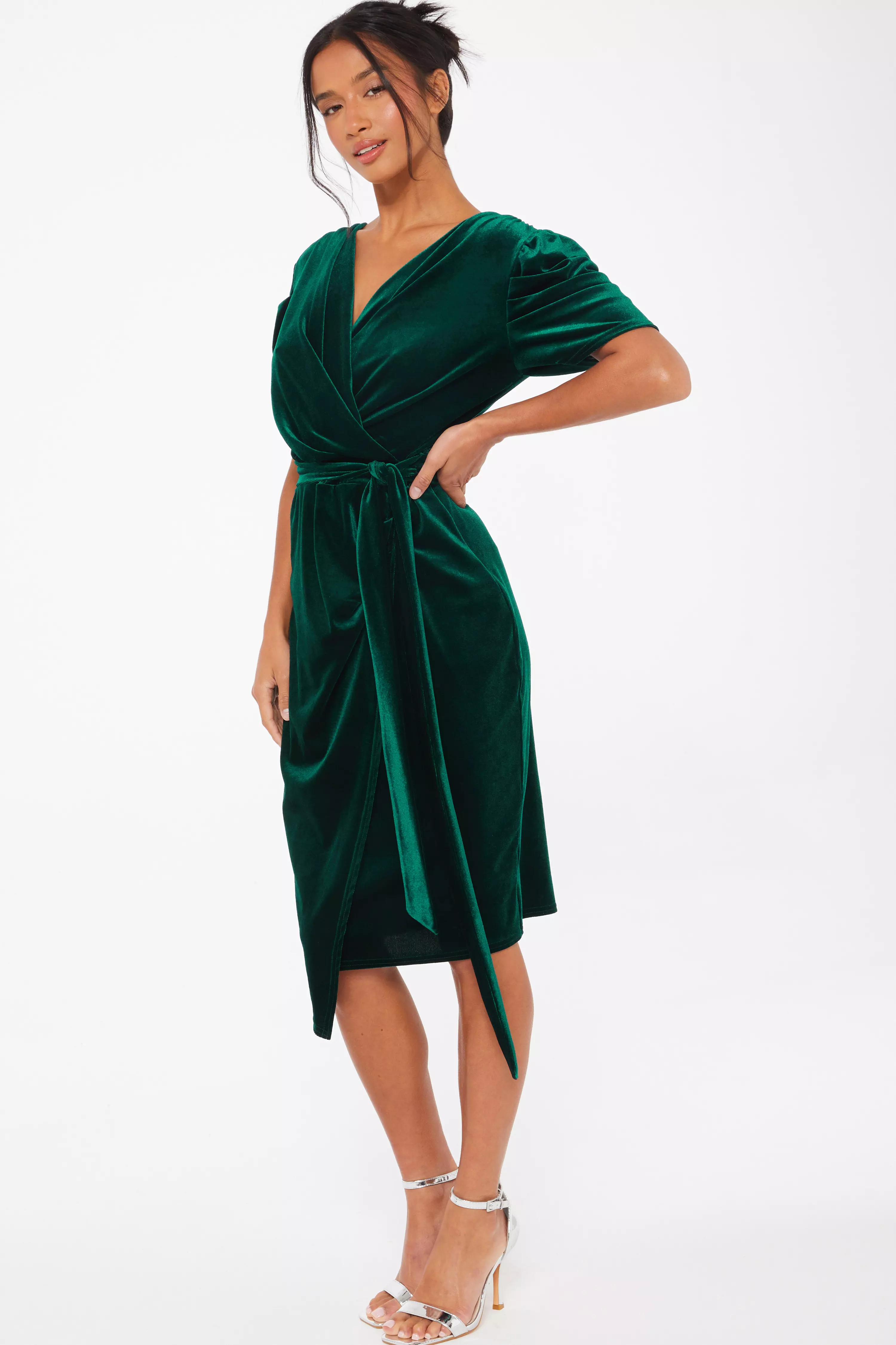 Petite Bottle Green Velvet Wrap Midi Dress