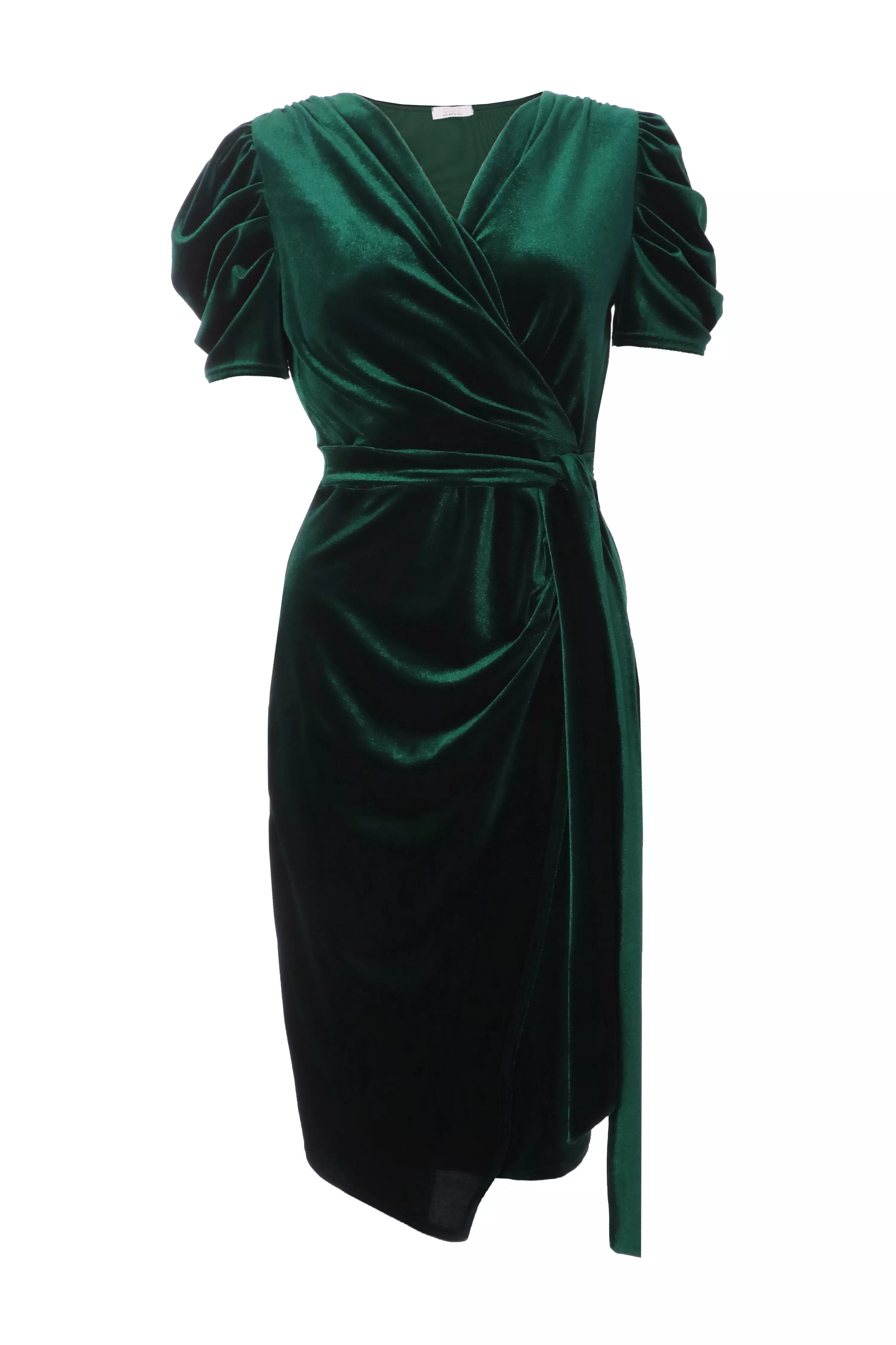 Petite Bottle Green Velvet Wrap Midi Dress