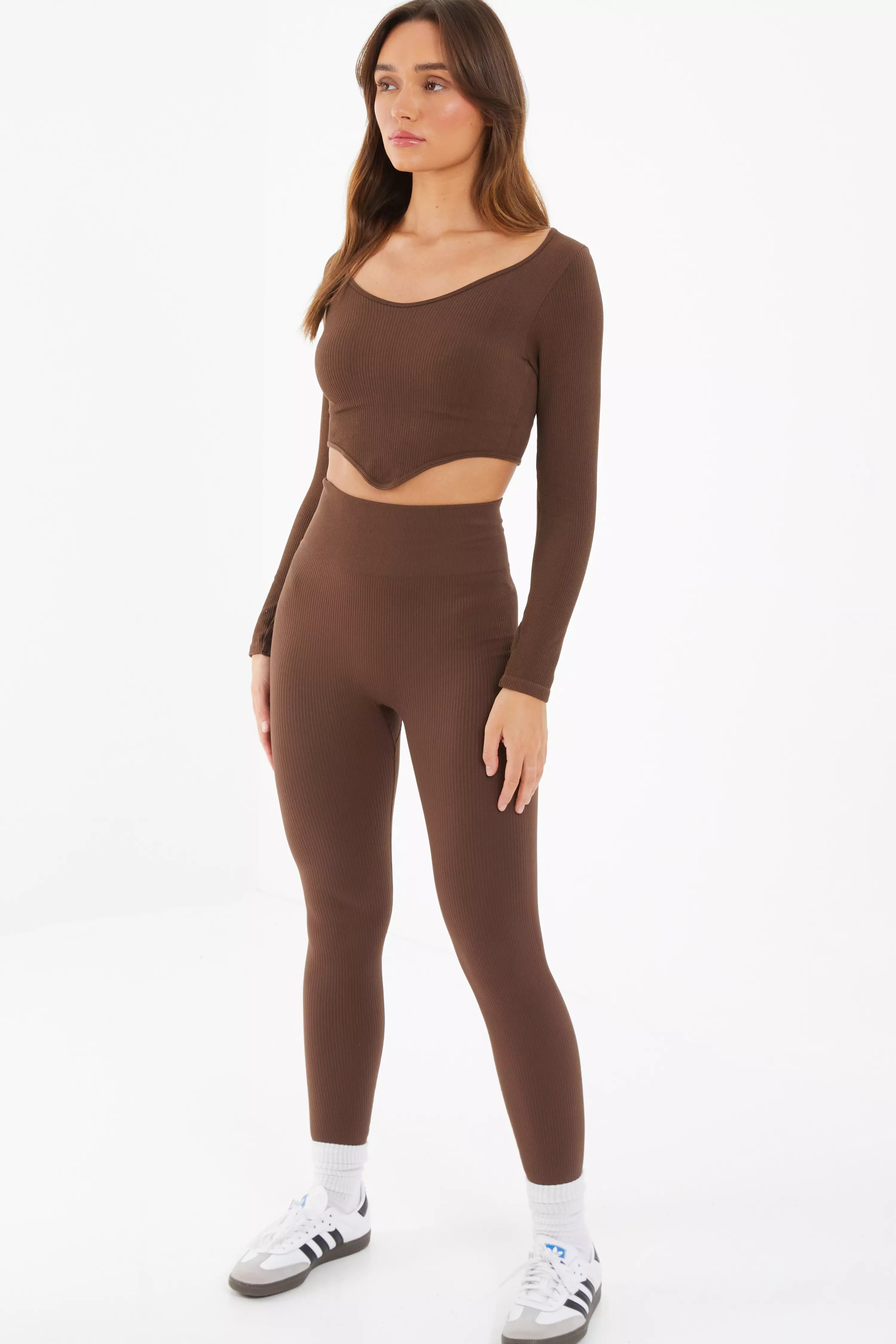 Brown Knit Ribbed Leggings