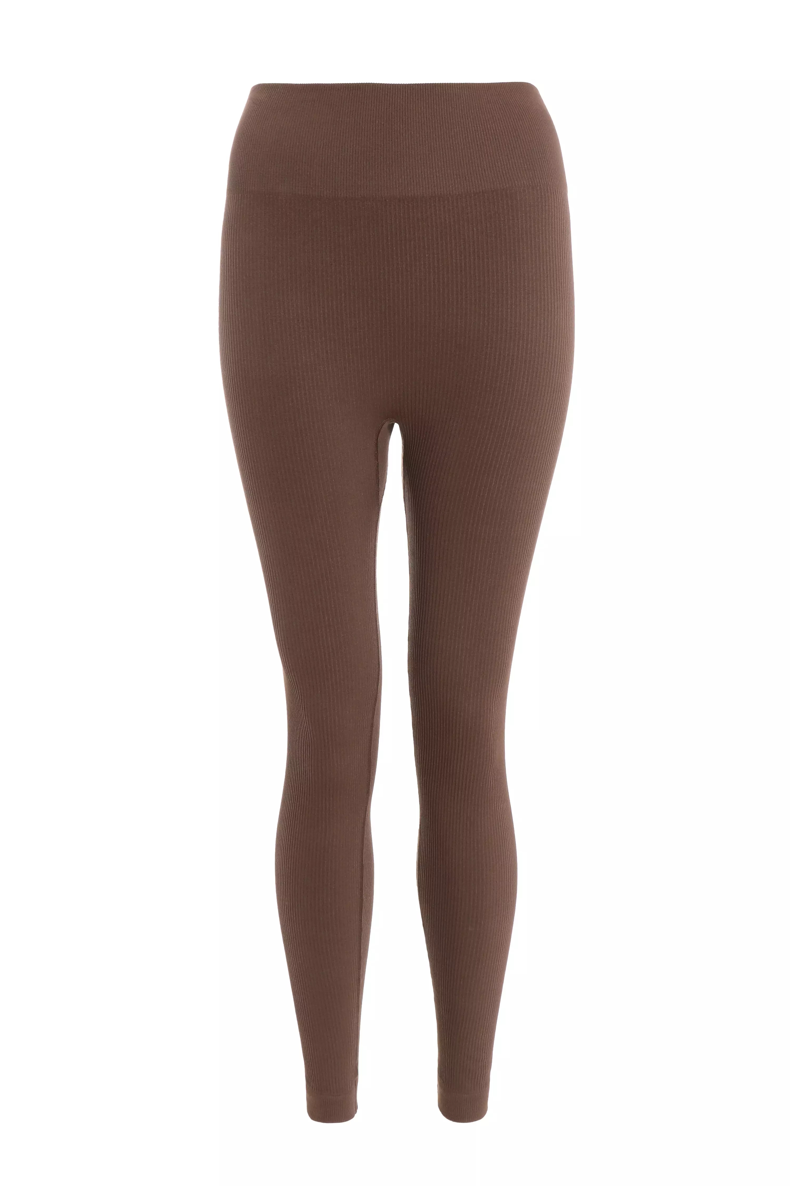 SLIT PLAIN RIBBED KNIT LEGGINGS - taupe brown