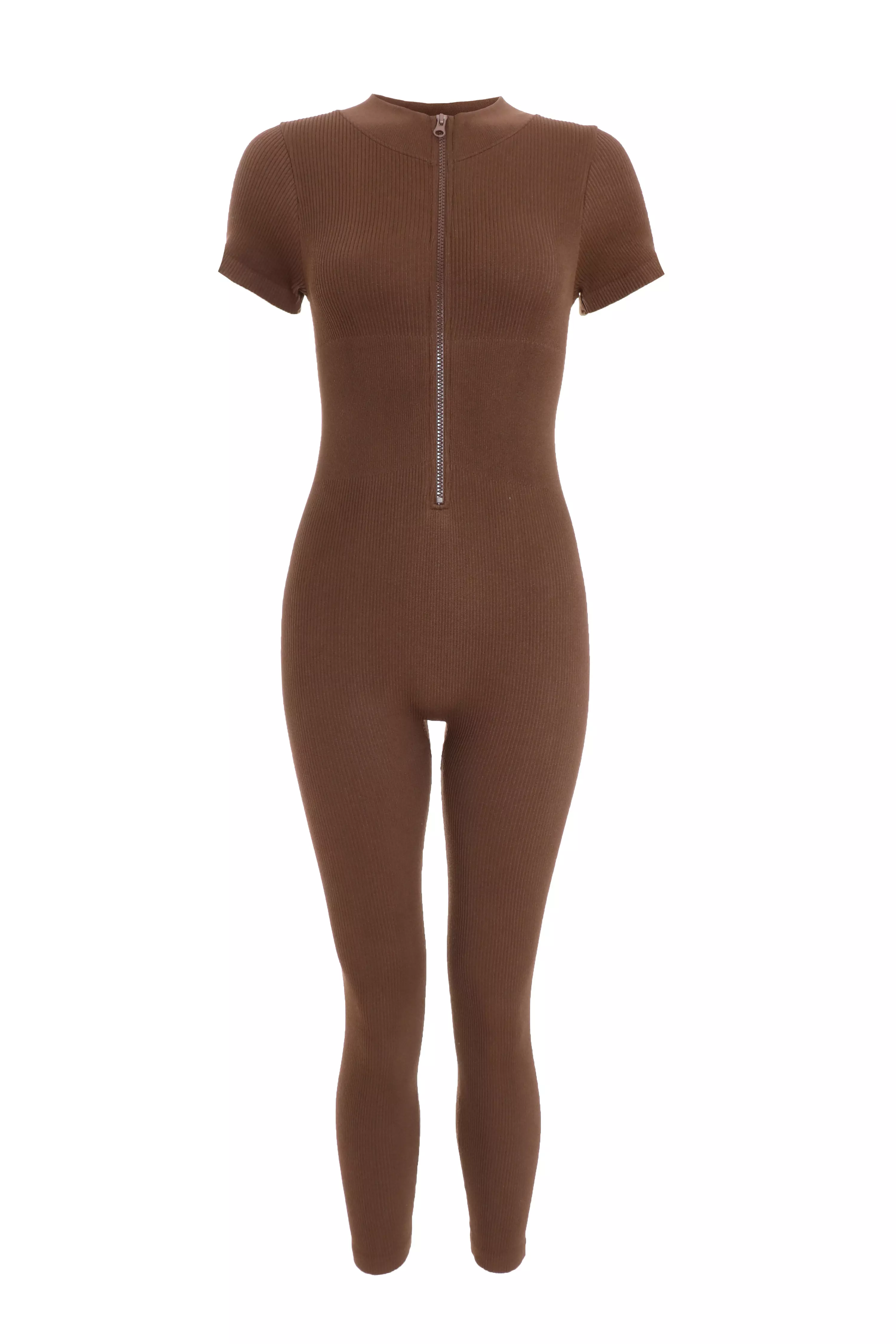 Brown Seamless Zip Jumpsuit