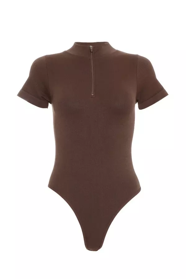 Brown Zip Front Bodysuit 