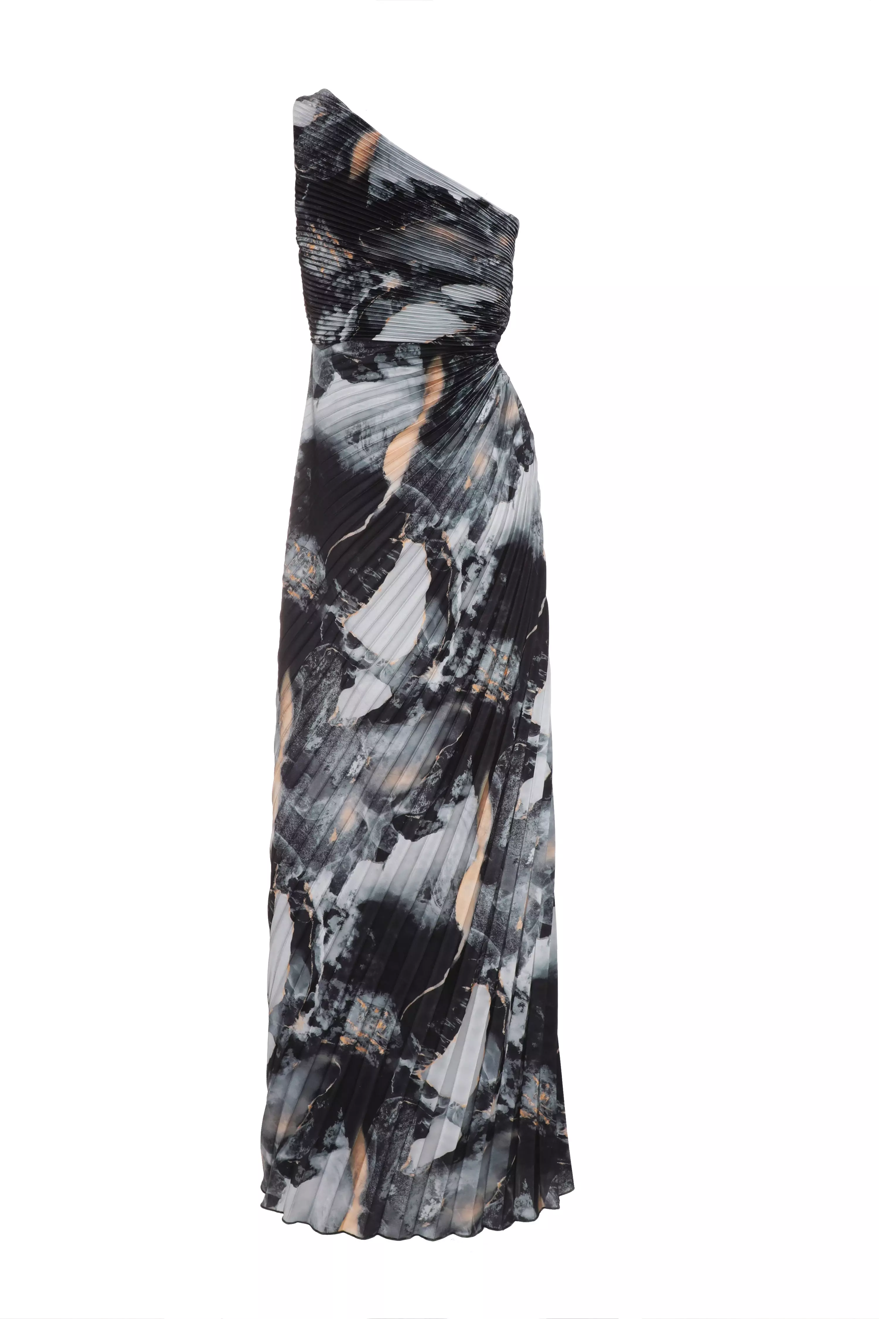 Grey Marble Print Pleated Maxi Dress