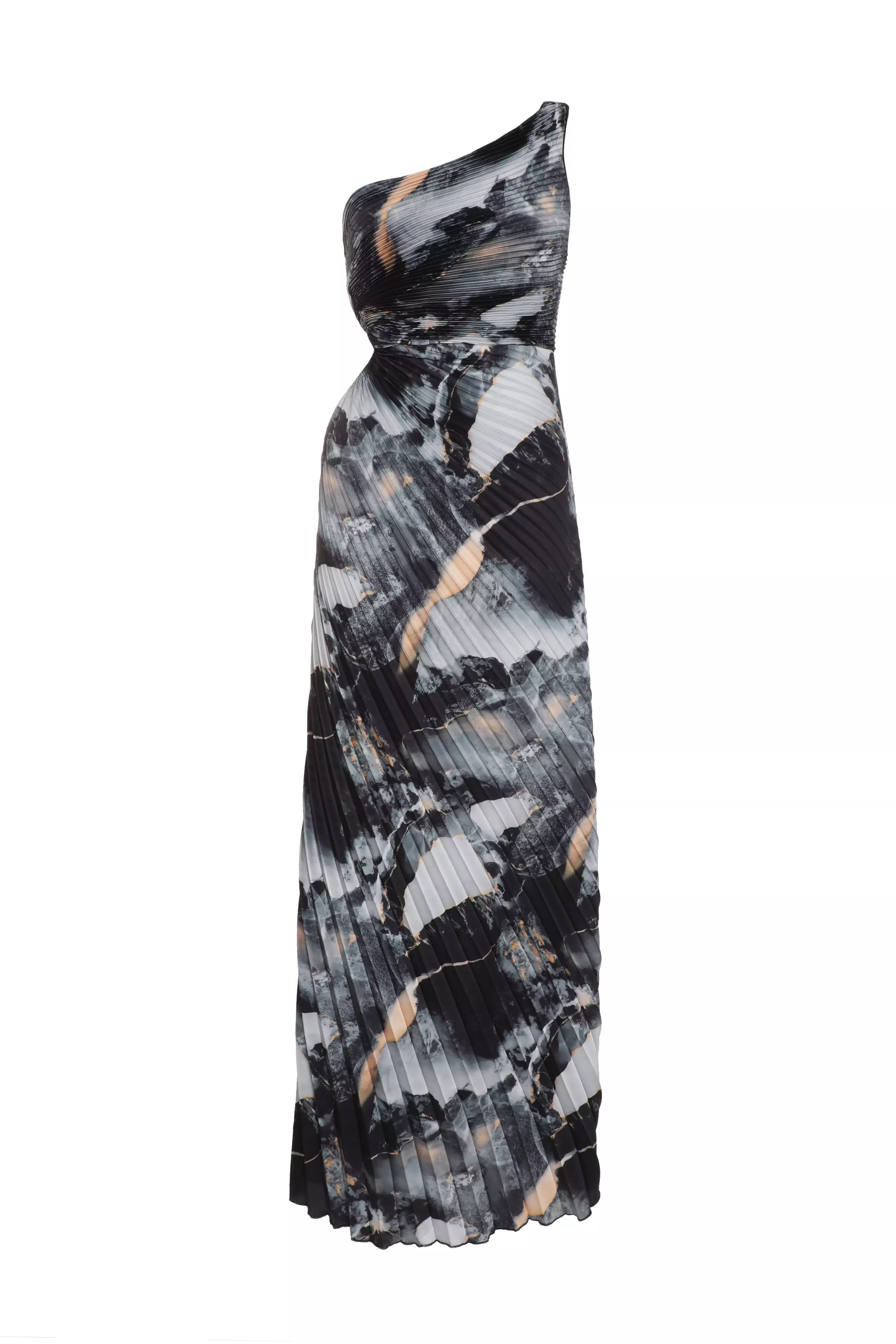 Grey Marble Print Pleated Maxi Dress