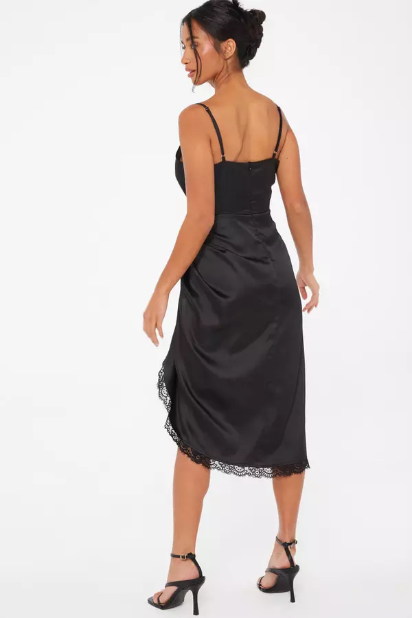 Petite Black Satin Lace Trim Midi Dress