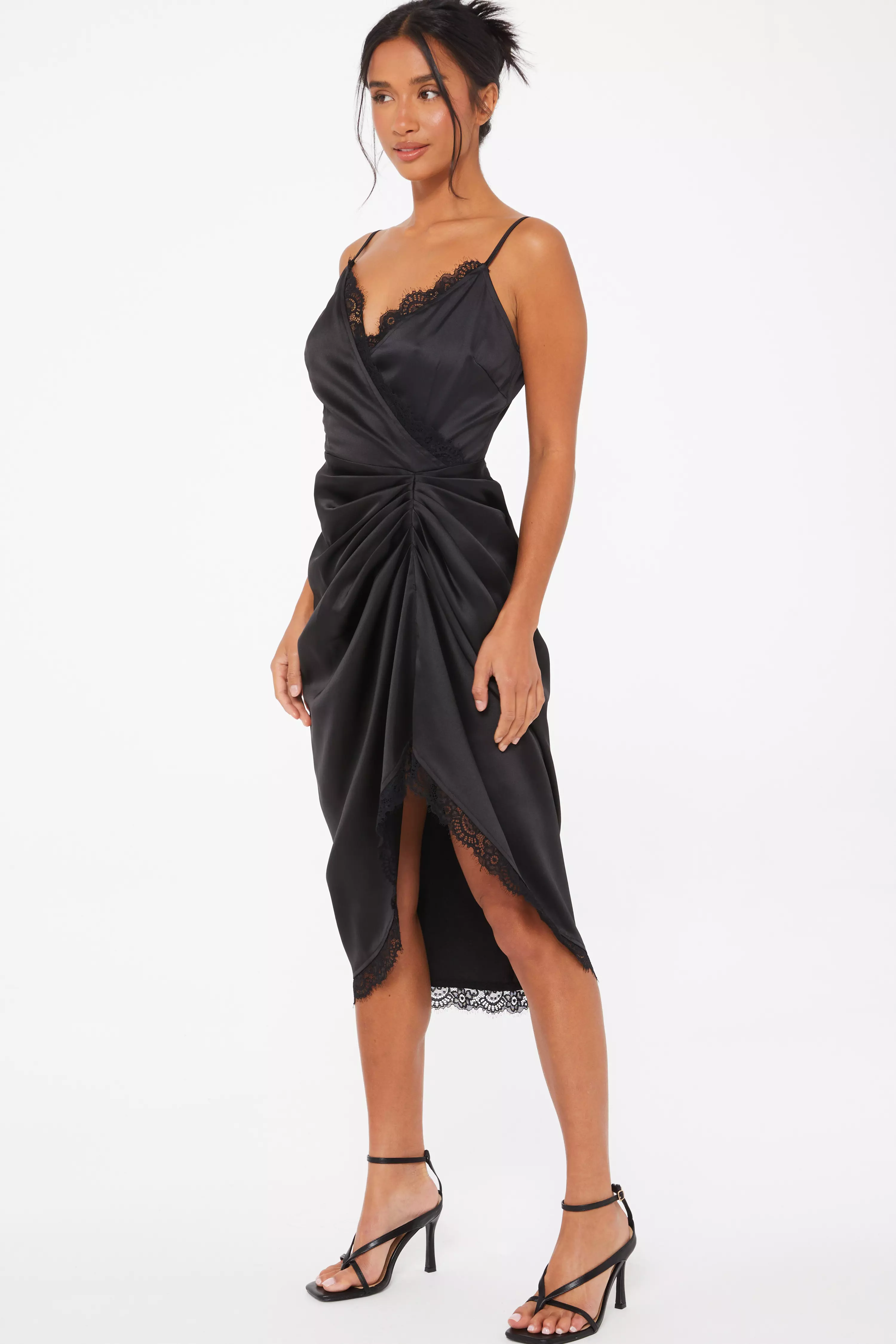 Petite Black Satin Lace Trim Midi Dress