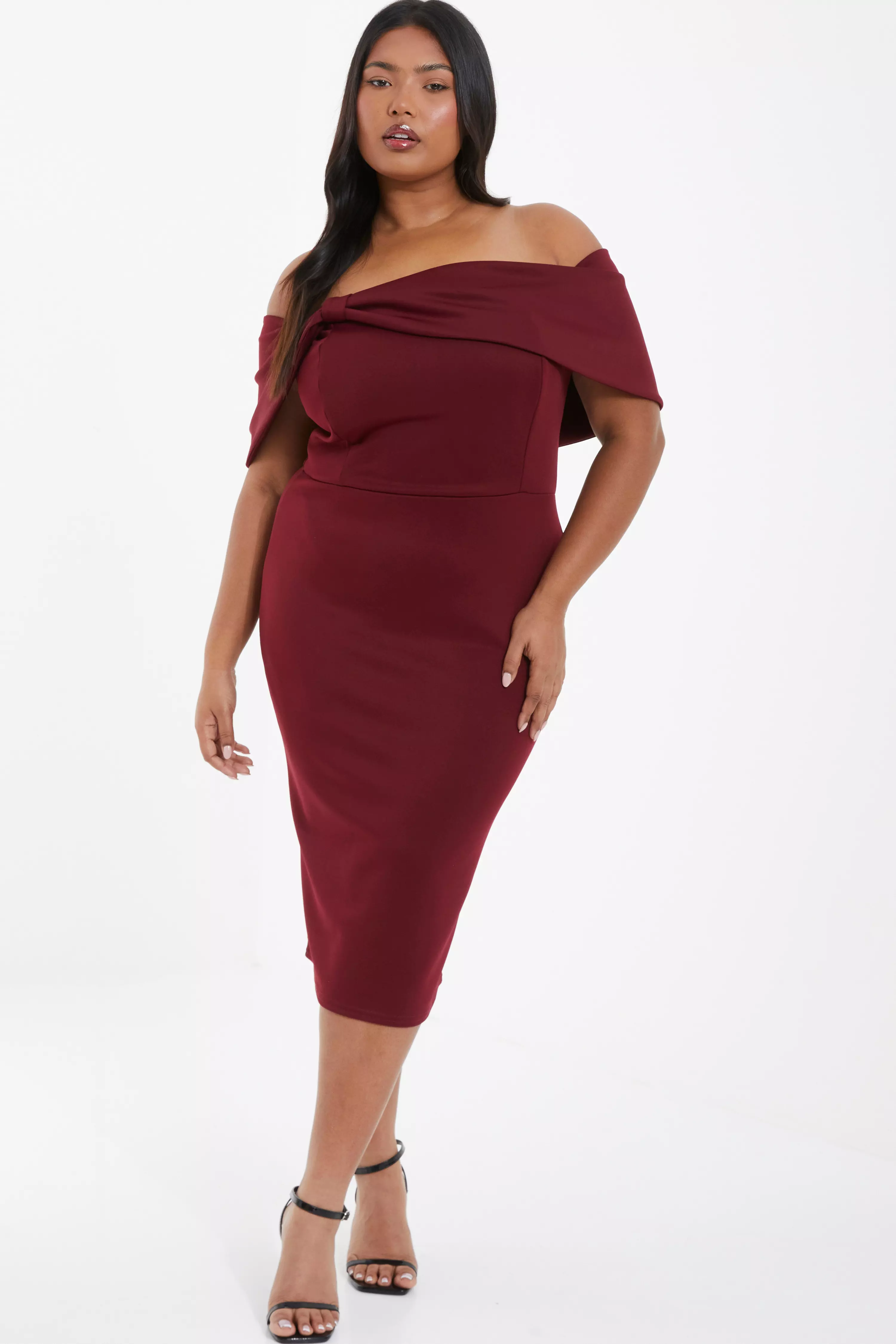 Curve Dark Red Bardot Bow Midi Dress