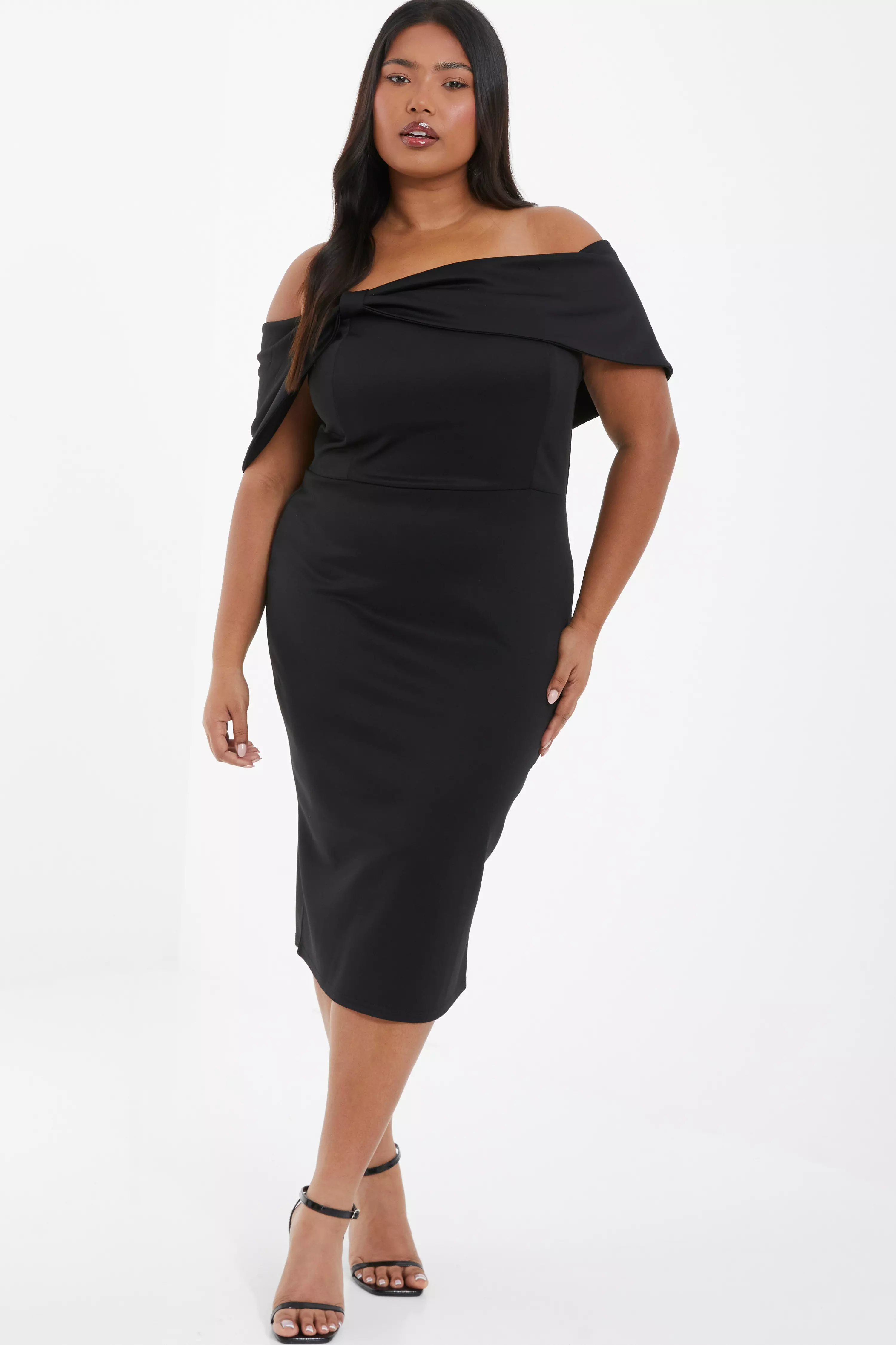 Curve Black Bardot Bow Midi Dress