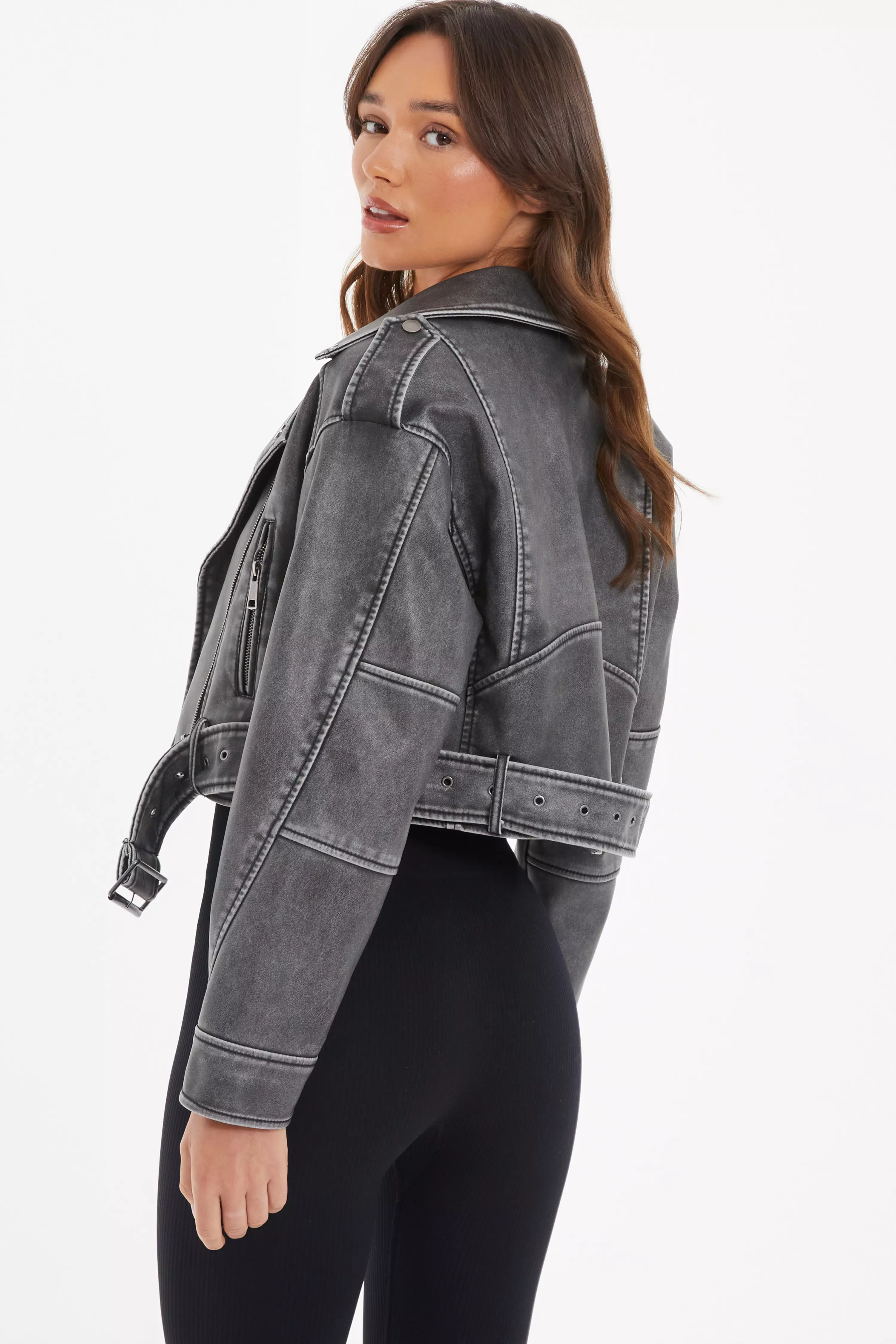 Charcoal Faux Leather Oversized Biker Jacket