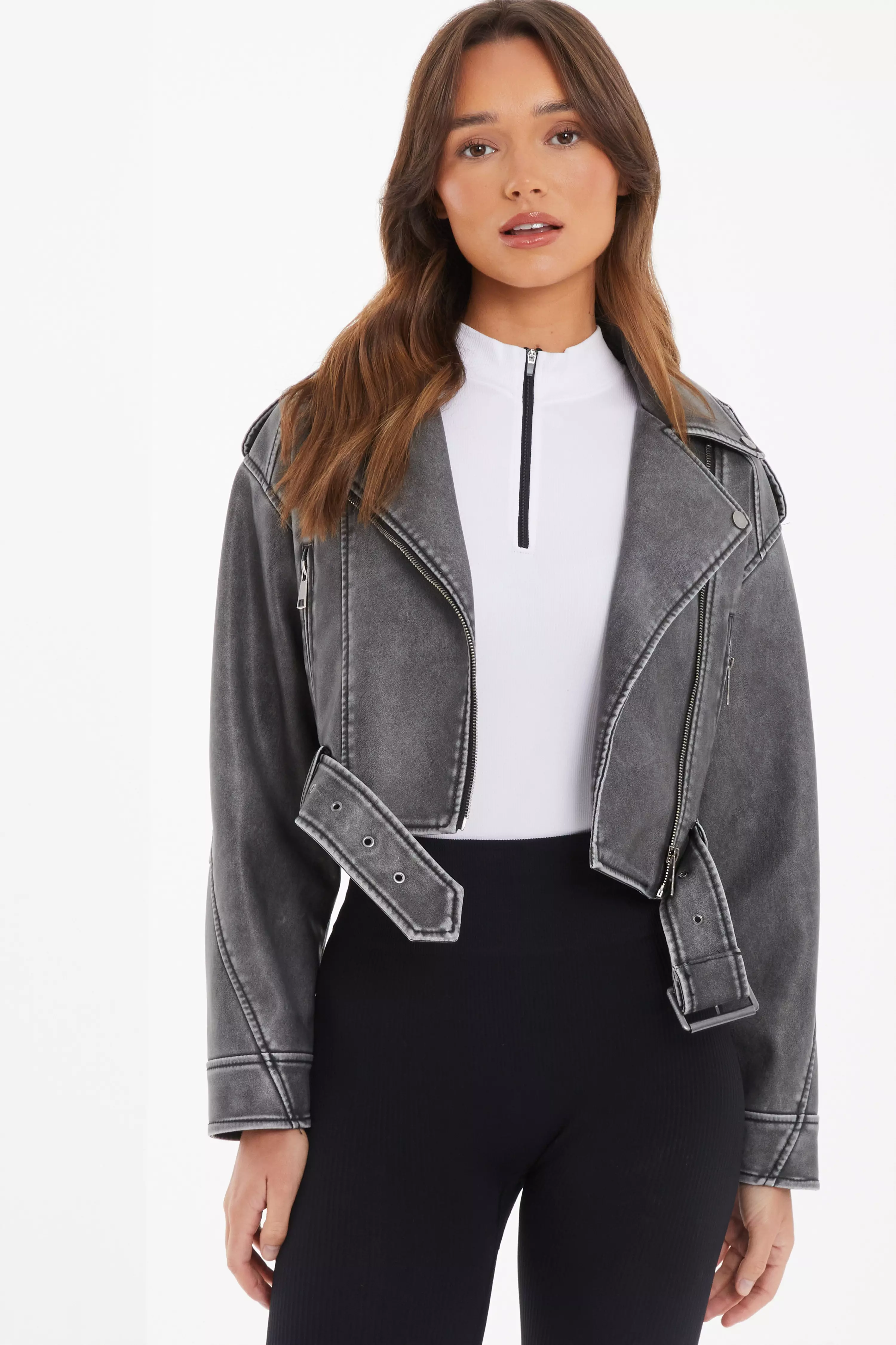 Charcoal Faux Leather Oversized Biker Jacket