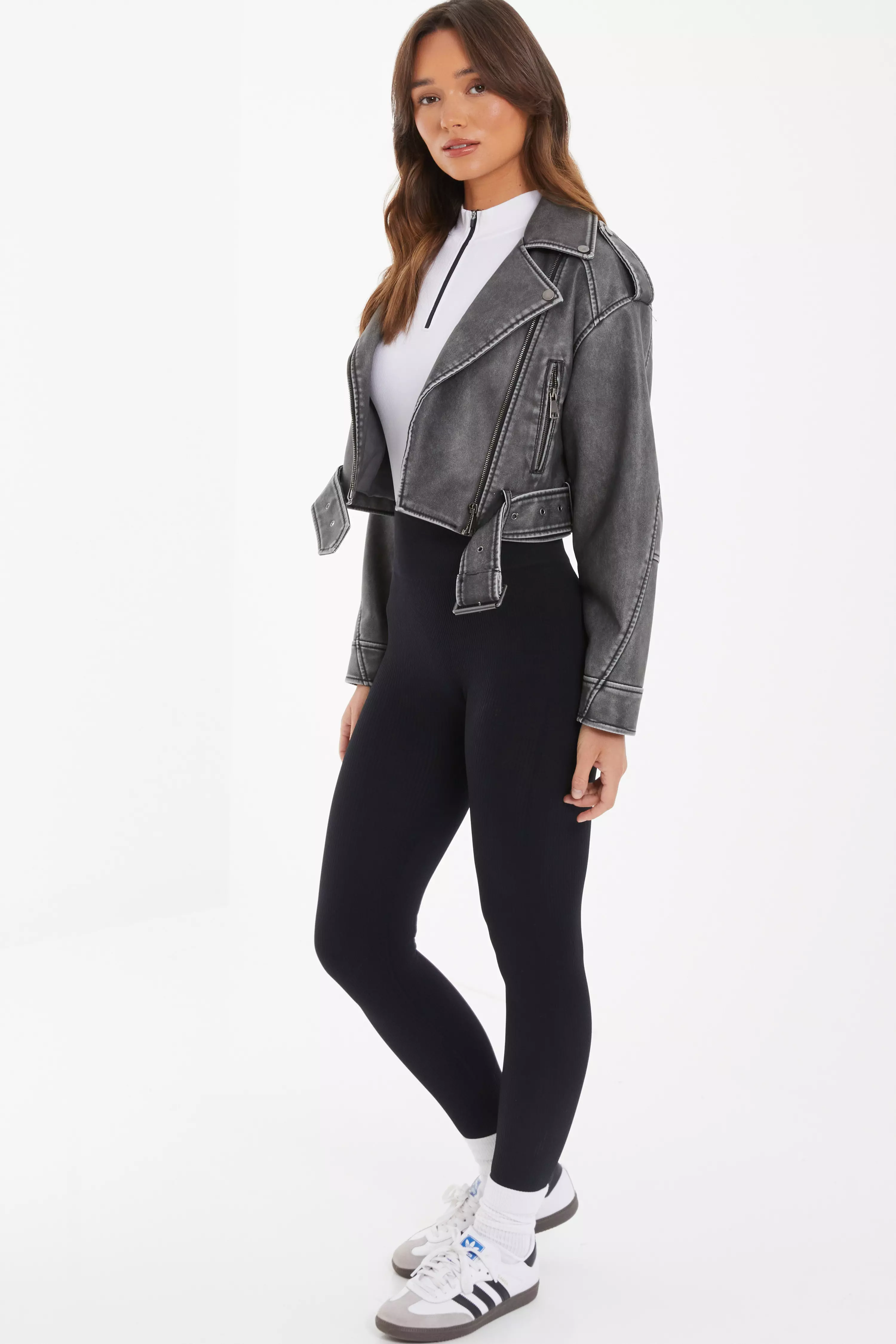 Charcoal Faux Leather Oversized Biker Jacket