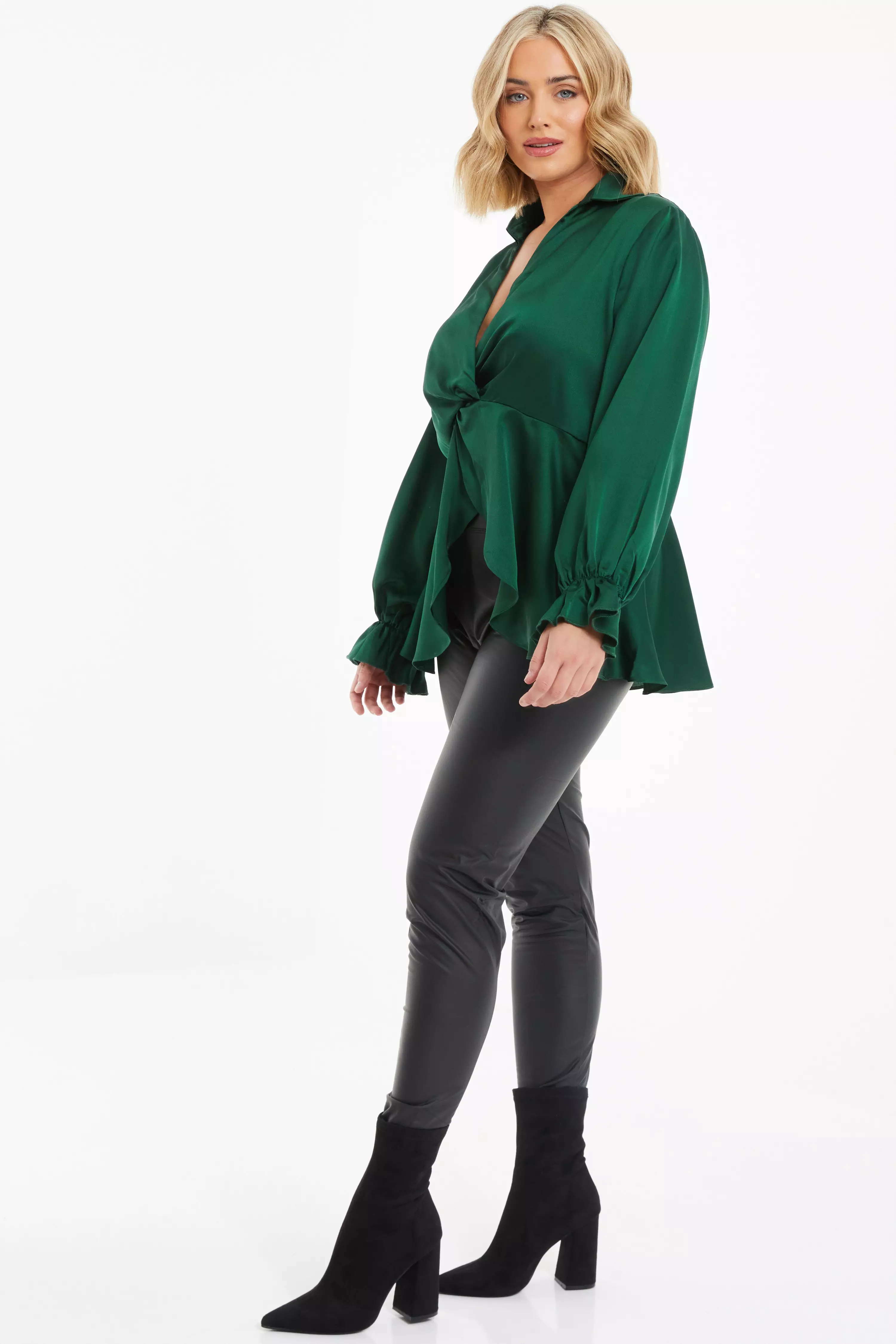 Curve Bottle Green Satin Frill Cuff Blouse