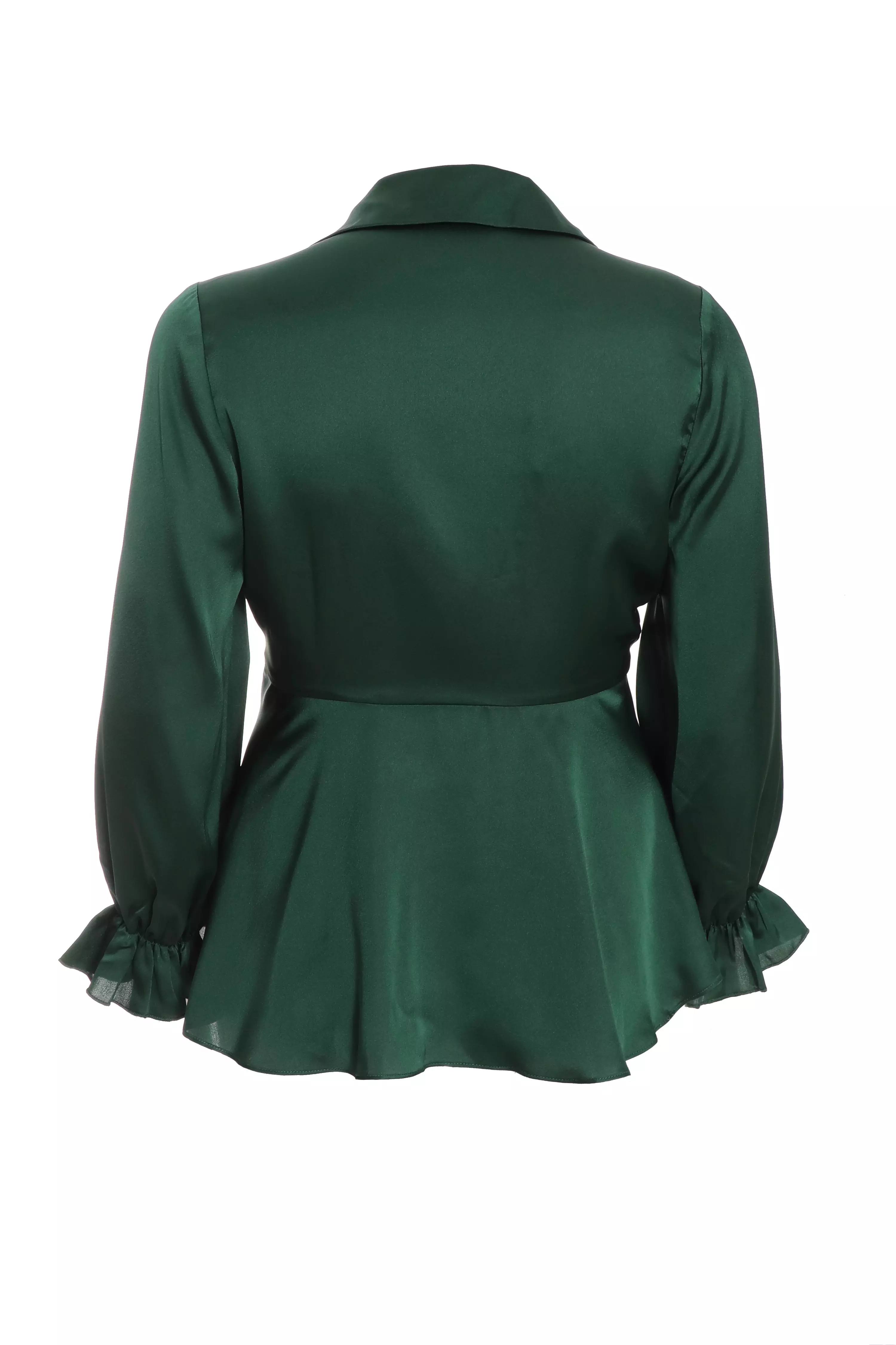 Curve Bottle Green Satin Frill Cuff Blouse