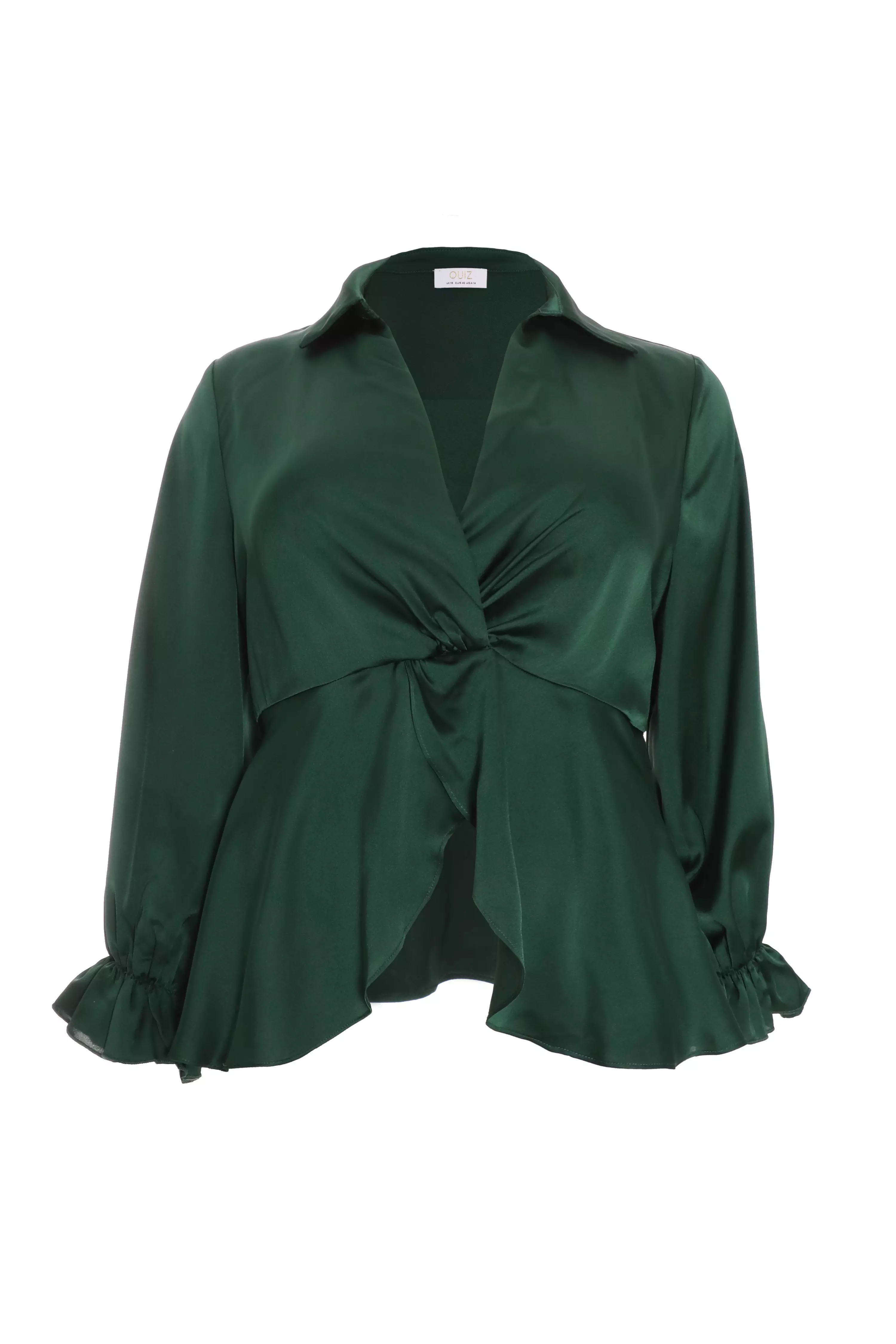 Curve Bottle Green Satin Frill Cuff Blouse