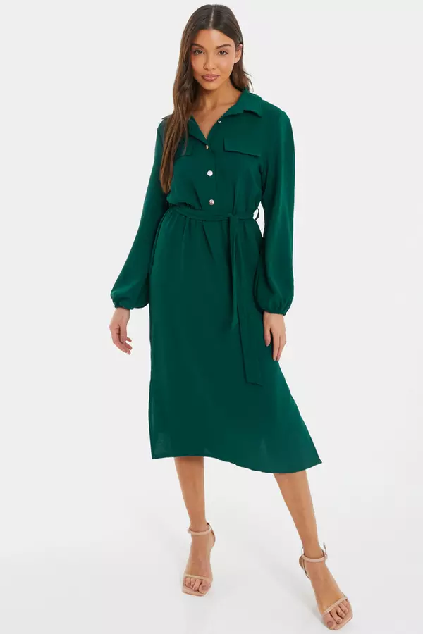Bottle Green Long Sleeve Midi Shirt Dress