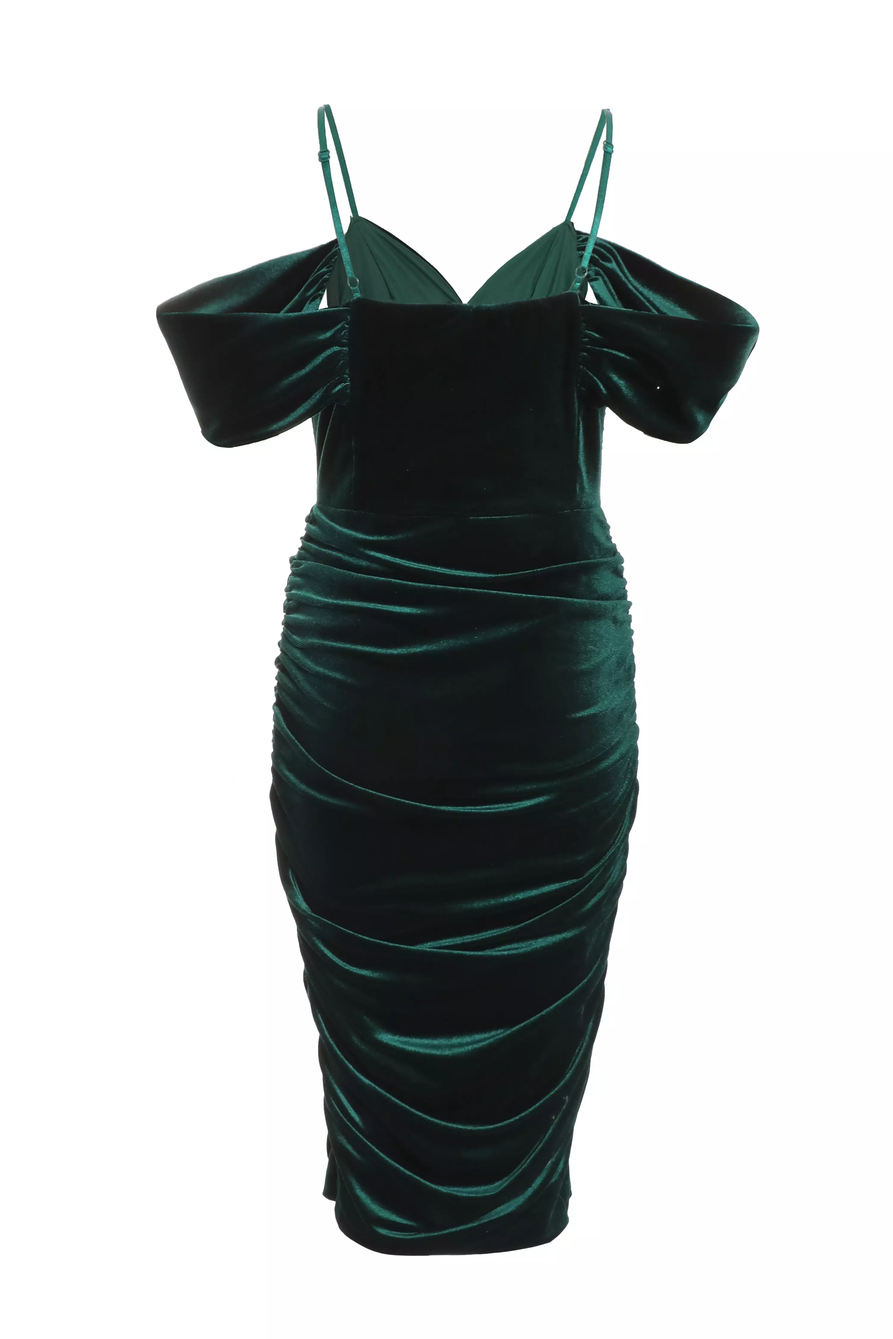 Bottle Green Velvet Drop Shoulder Ruched Midi Dress