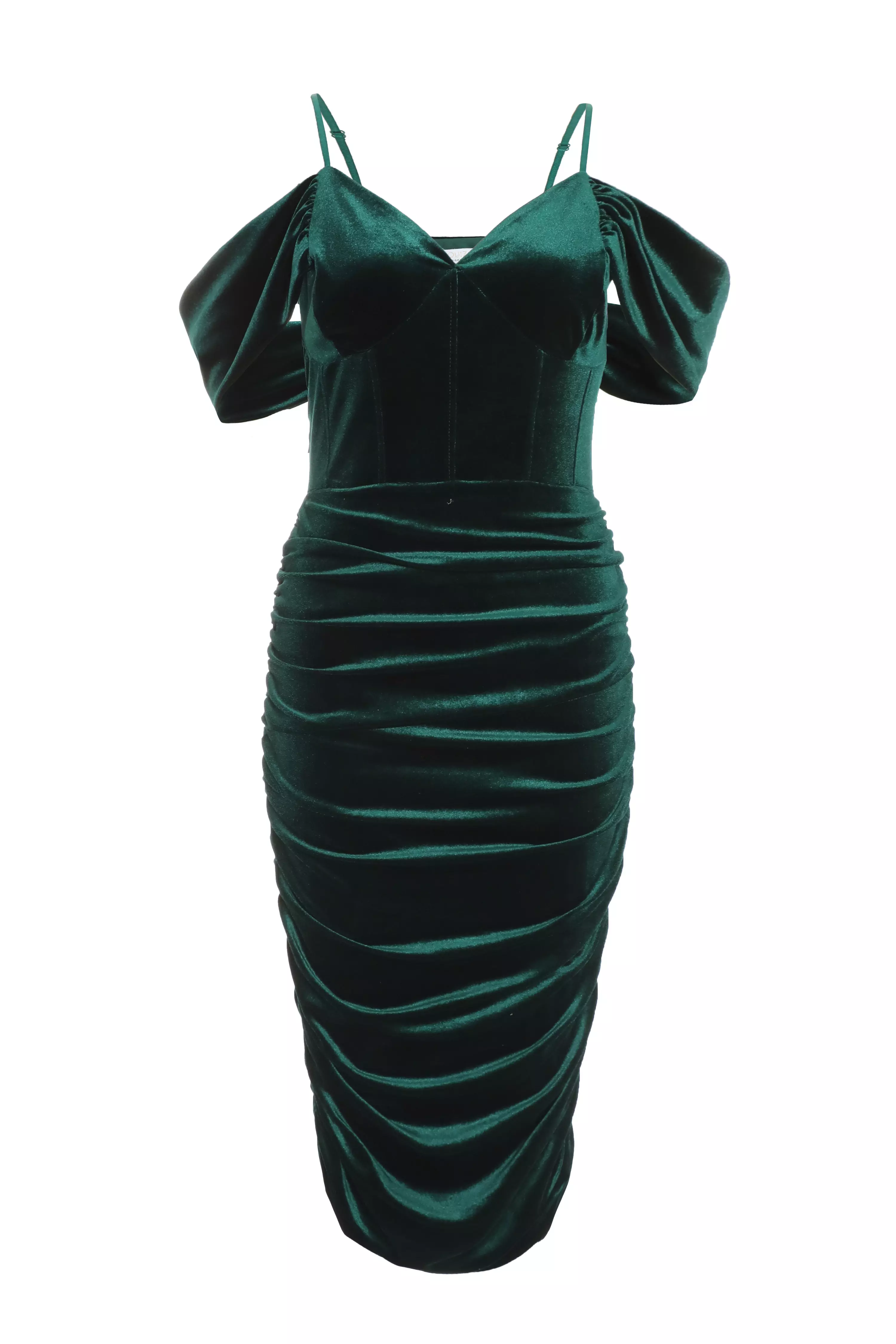 Bottle Green Velvet Drop Shoulder Ruched Midi Dress