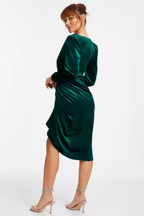 Bottle Green Velvet Ruched Wrap Midi Dress