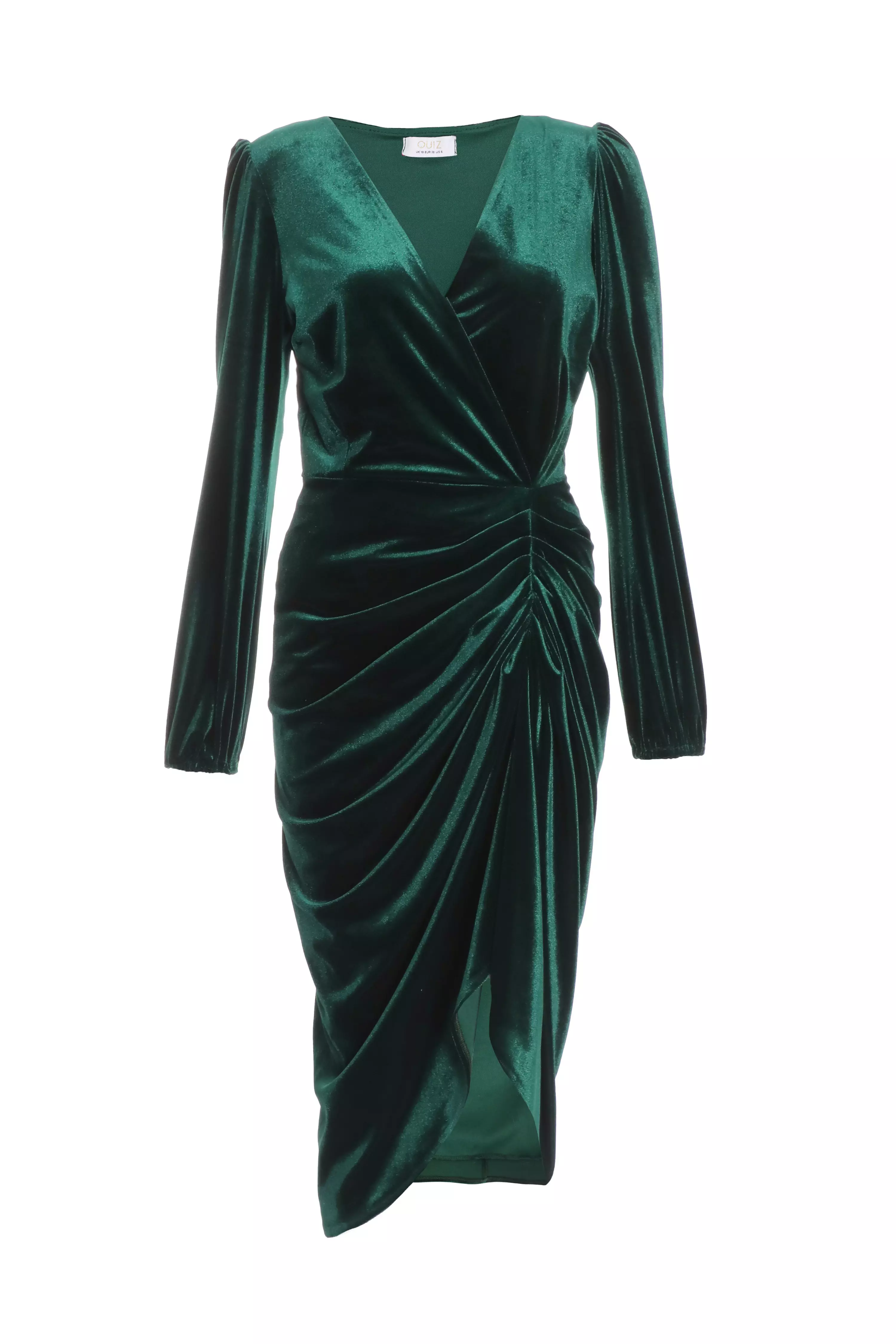 Bottle Green Velvet Ruched Wrap Midi Dress