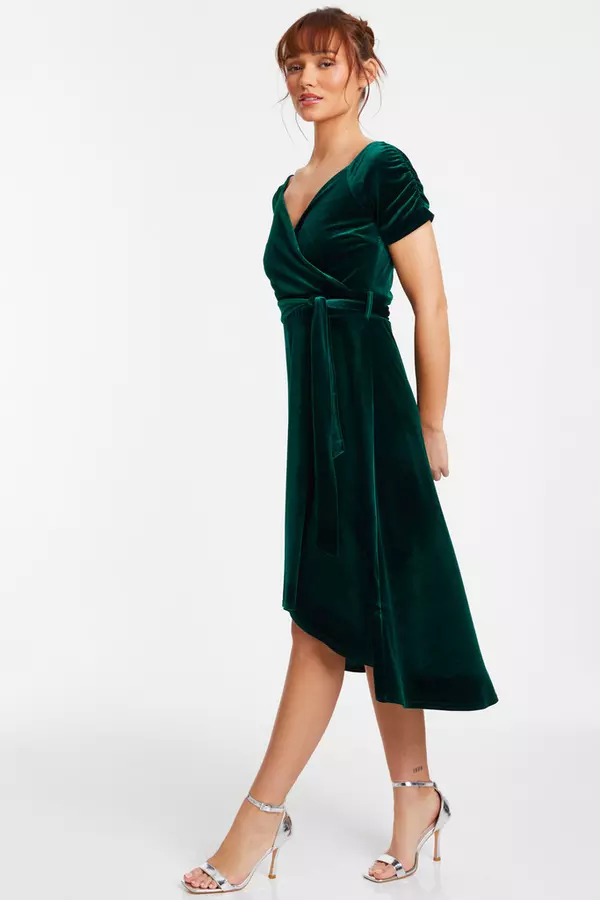 Bottle Green Velvet Bardot Midi Dress