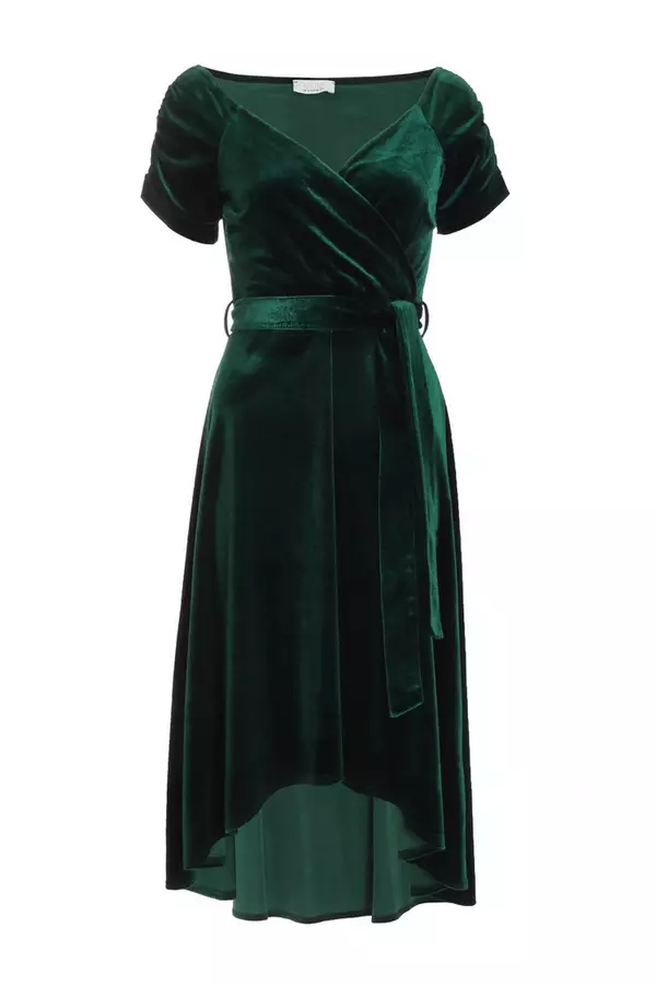 Bottle Green Velvet Bardot Midi Dress