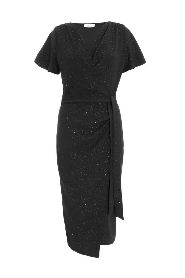 Black Glitter Ruched Wrap Midi Dress