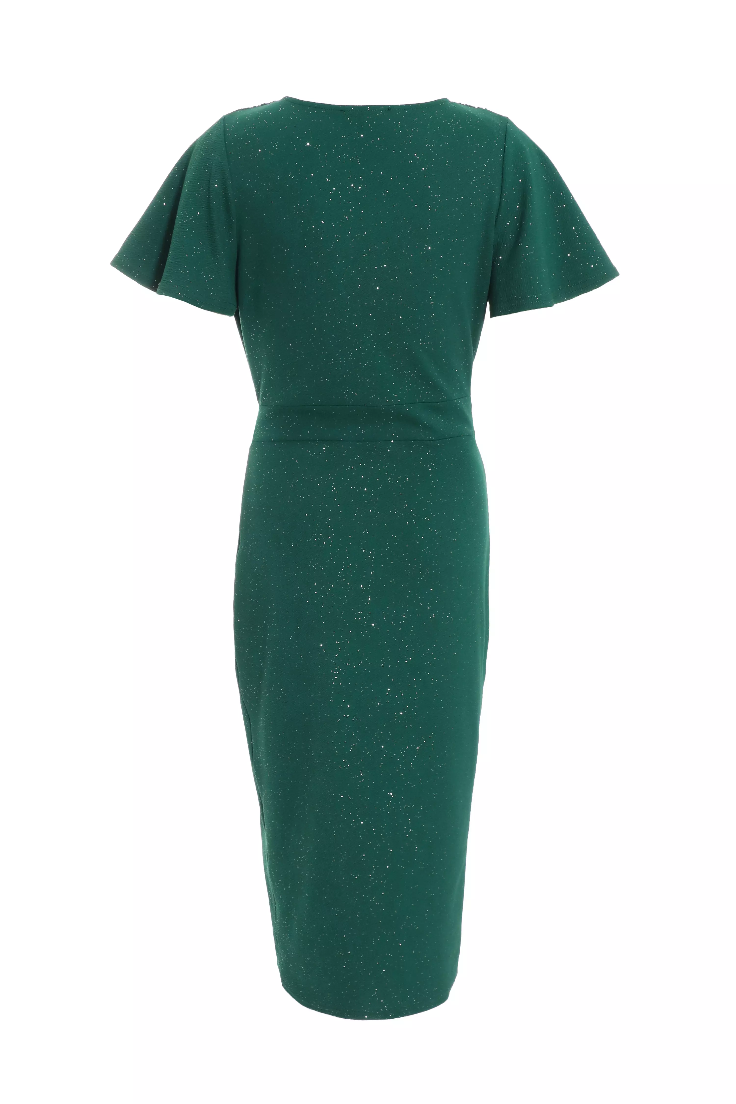 Bottle Green Glitter Ruched Wrap Midi Dress