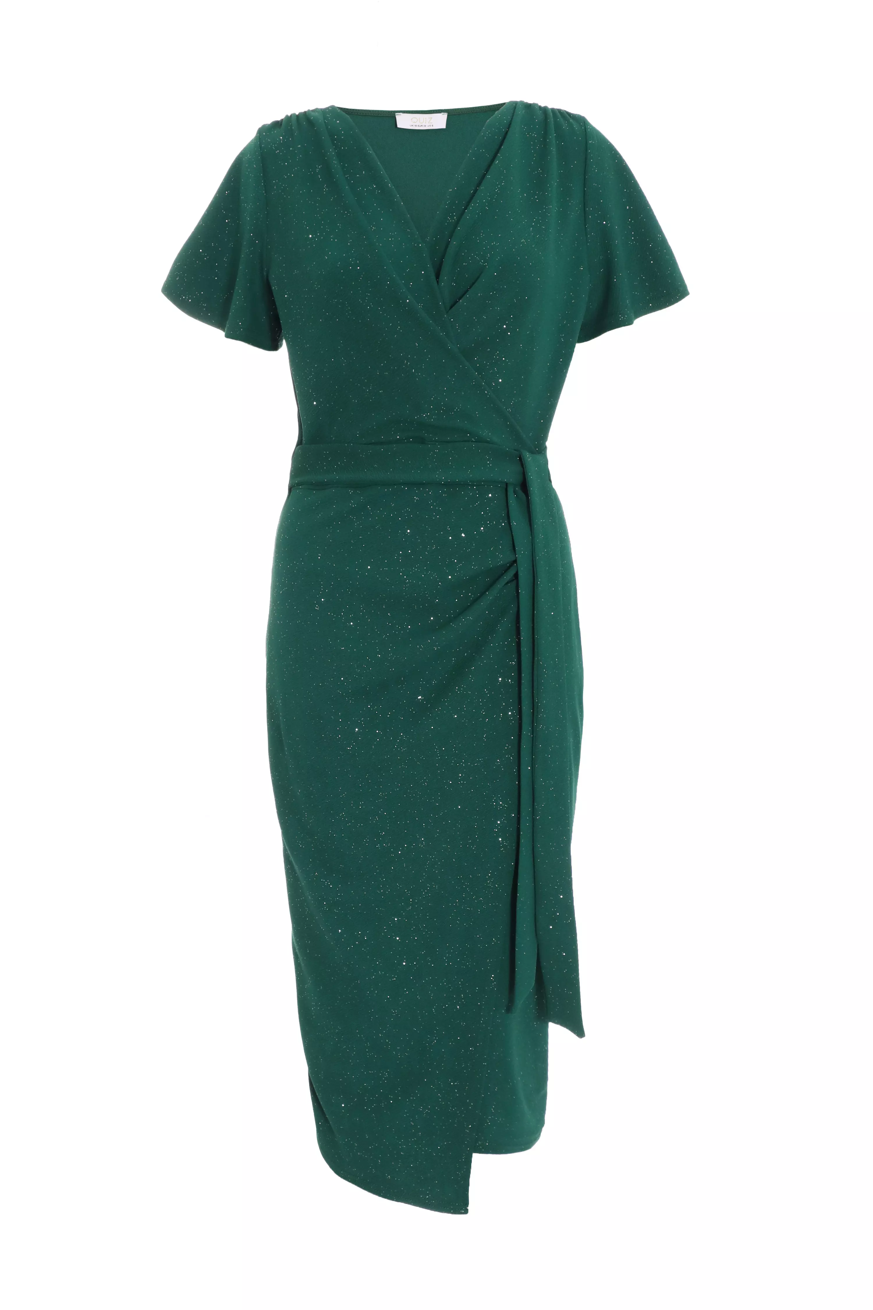 Bottle Green Glitter Ruched Wrap Midi Dress