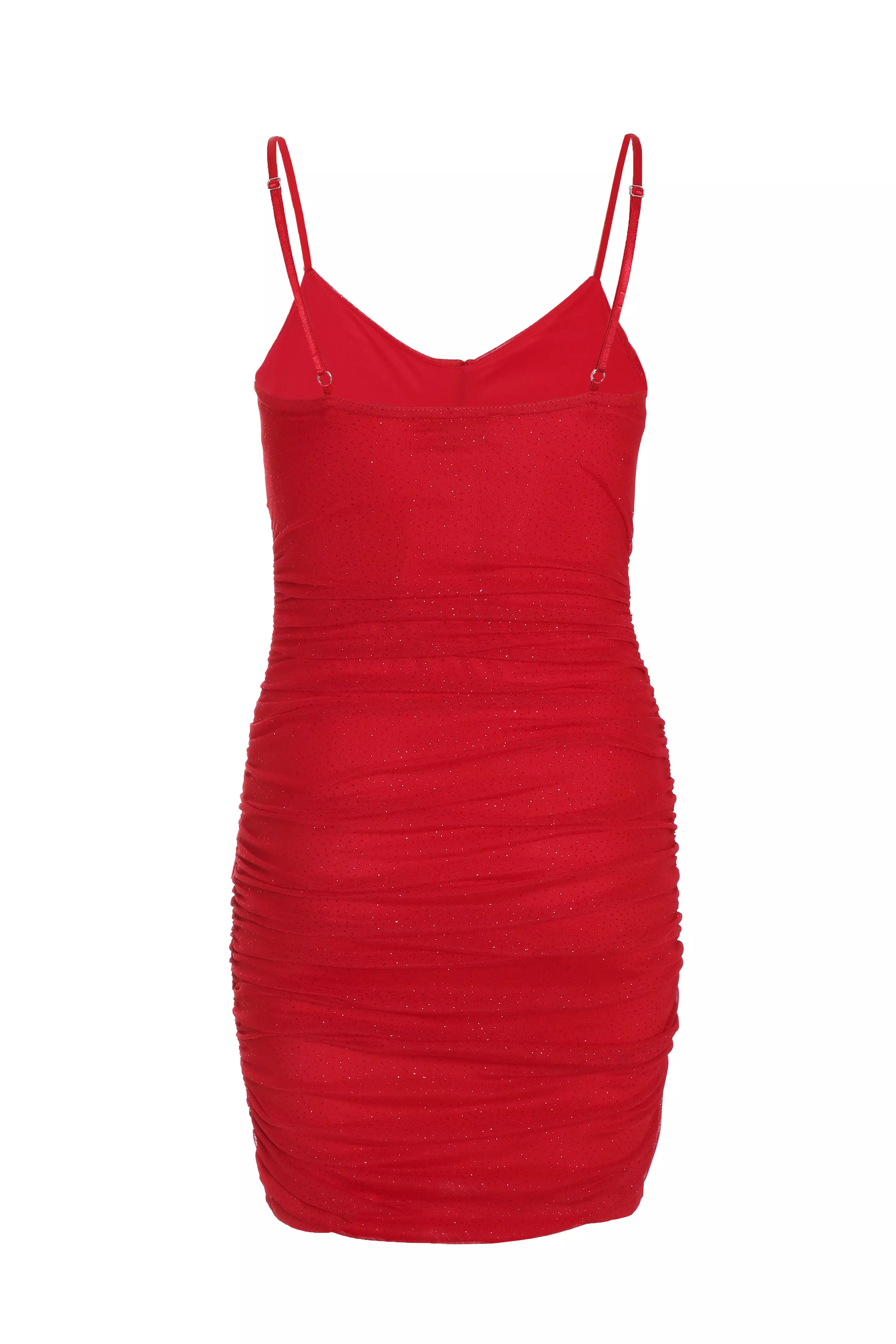 Red Glitter Mesh Ruched Mini Dress