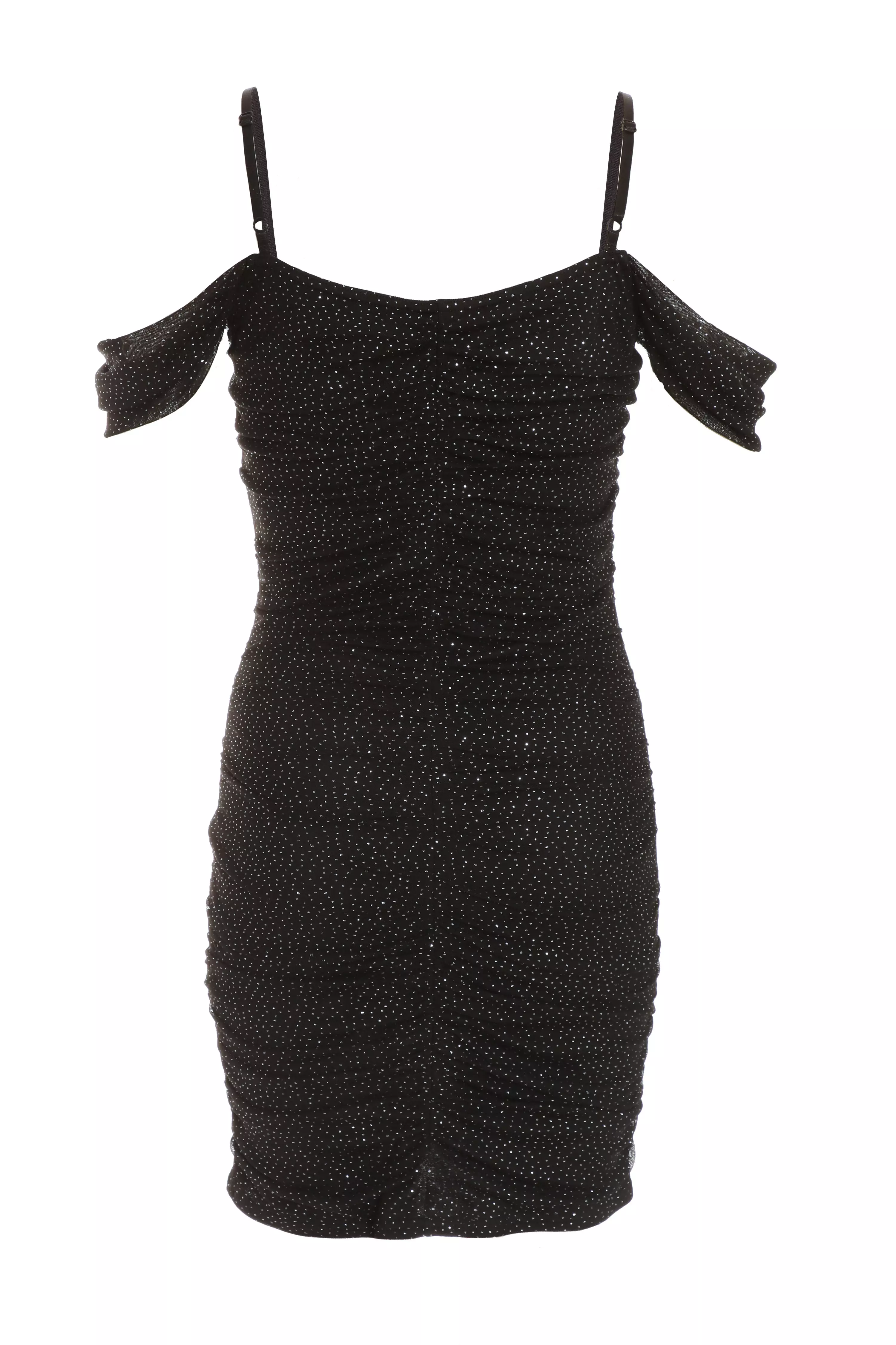 Black Glitter Ruched Bardot Mini Dress