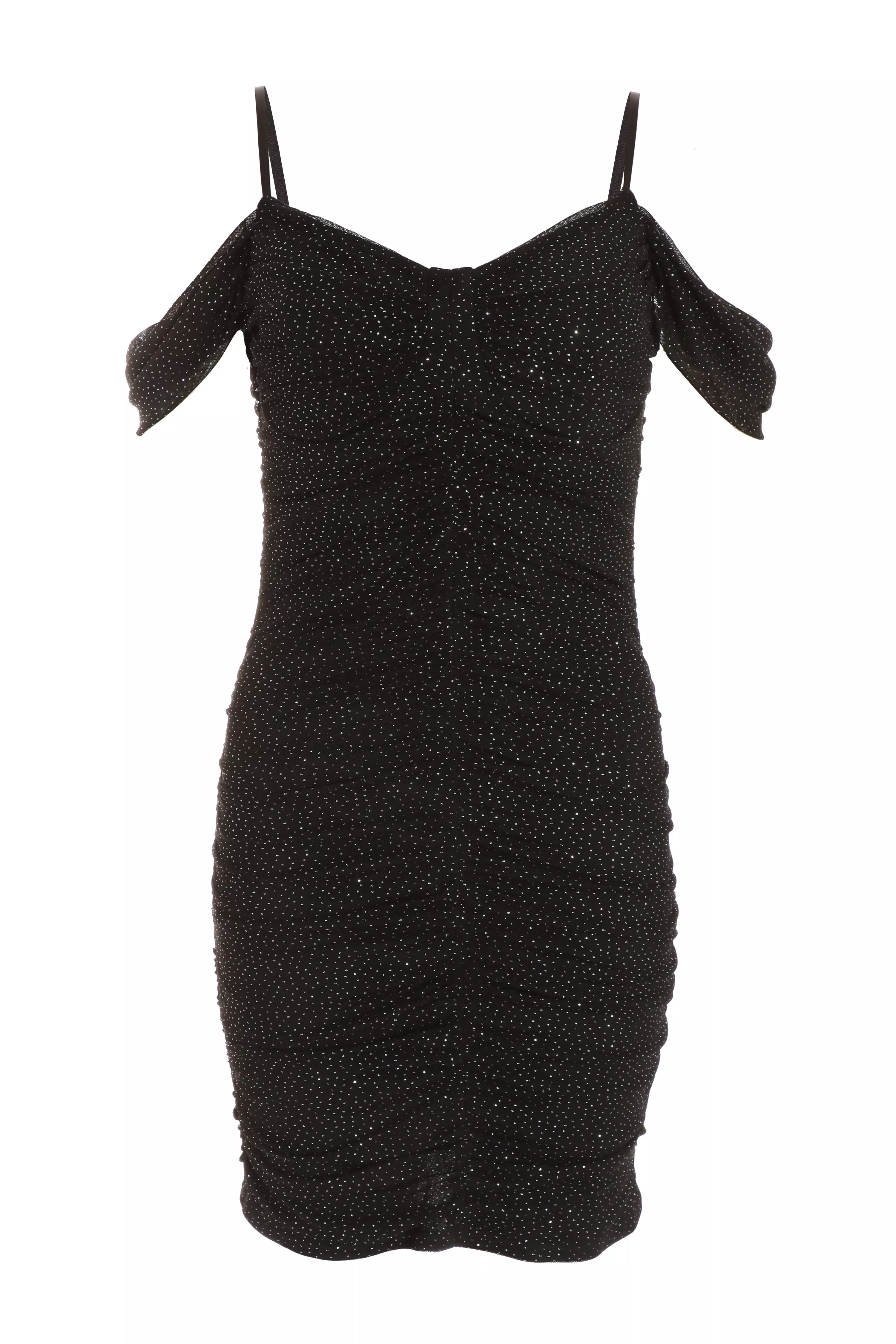 Black Glitter Ruched Bardot Mini Dress