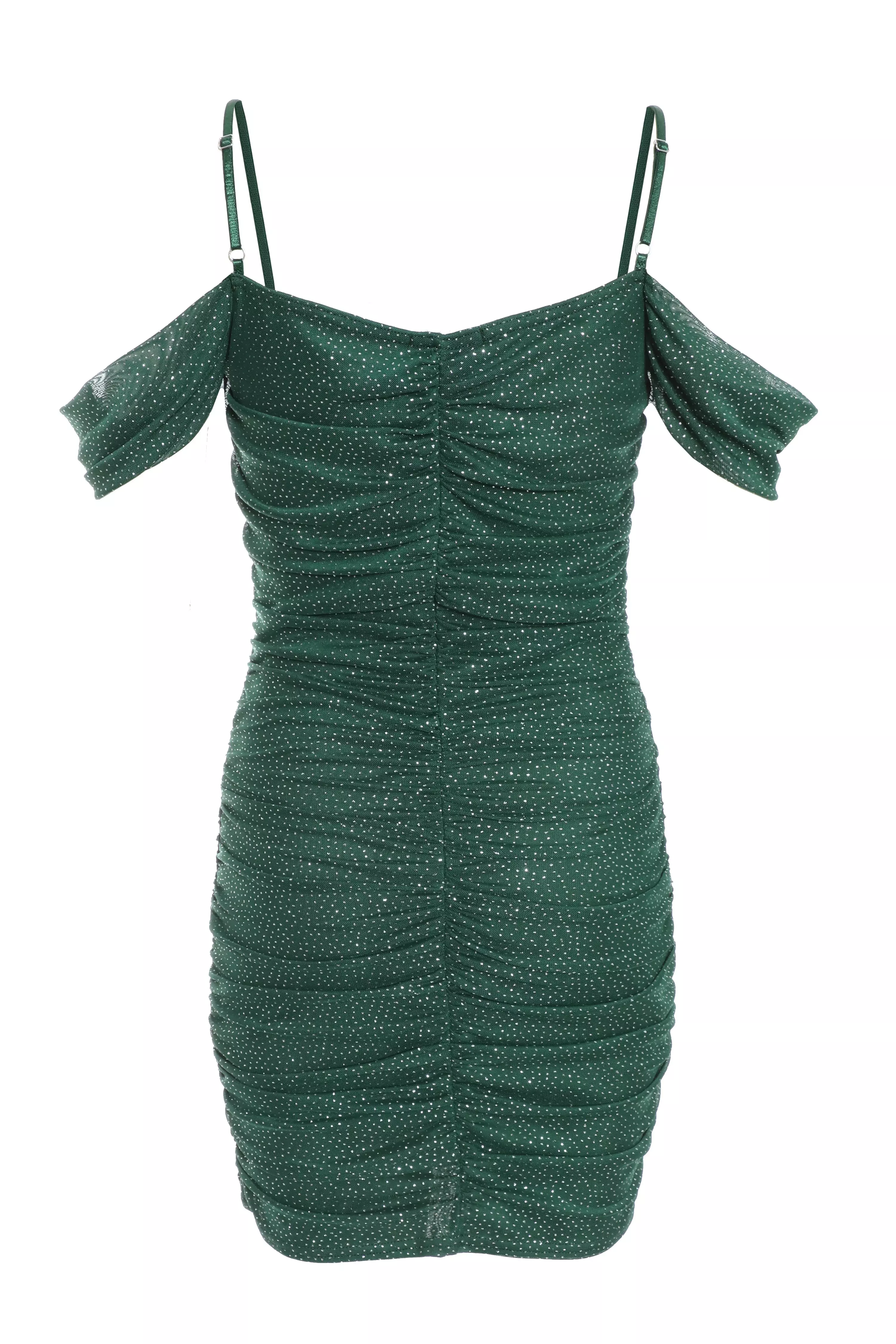 Bottle Green Glitter Ruched Bardot Mini Dress