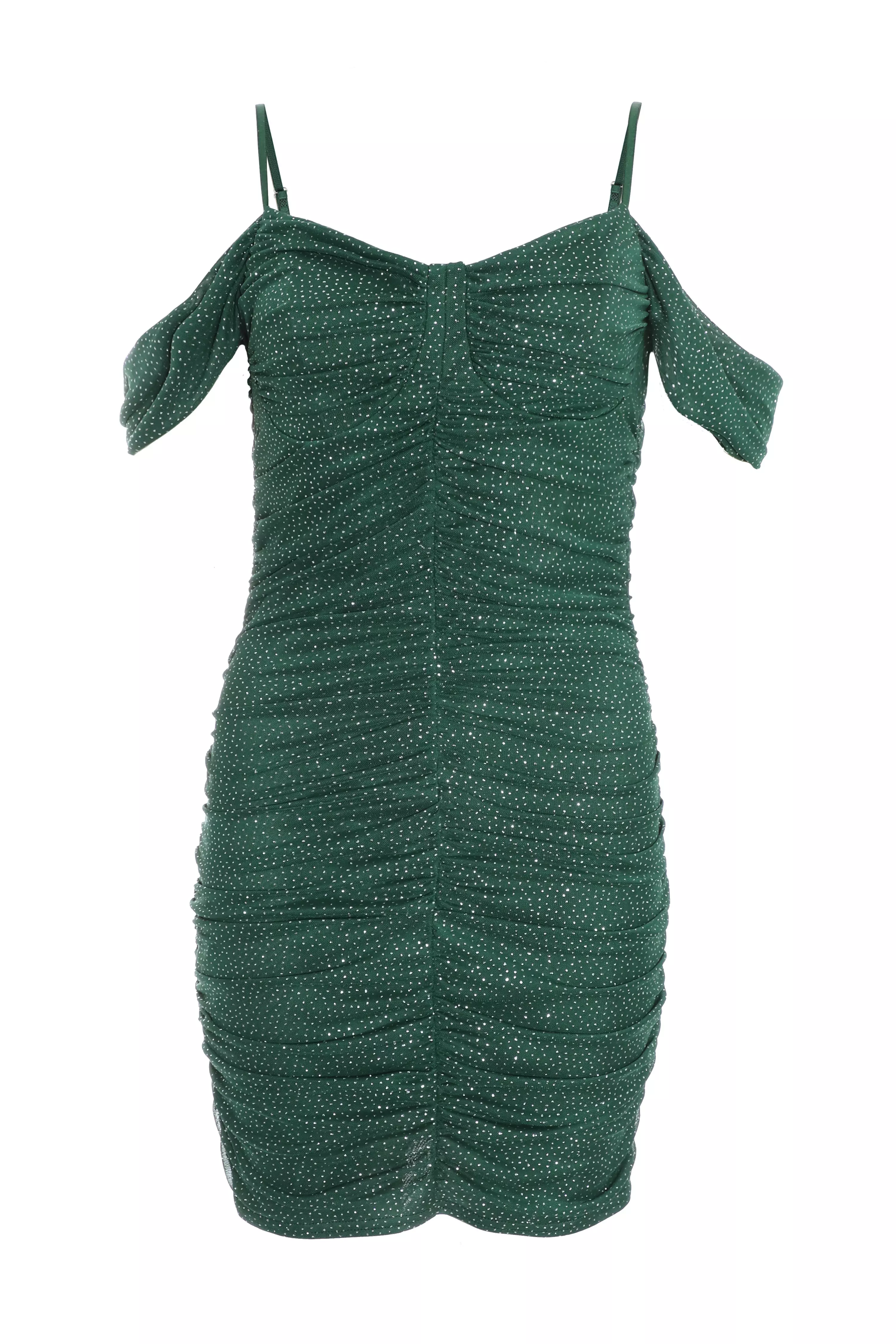 Bottle Green Glitter Ruched Bardot Mini Dress