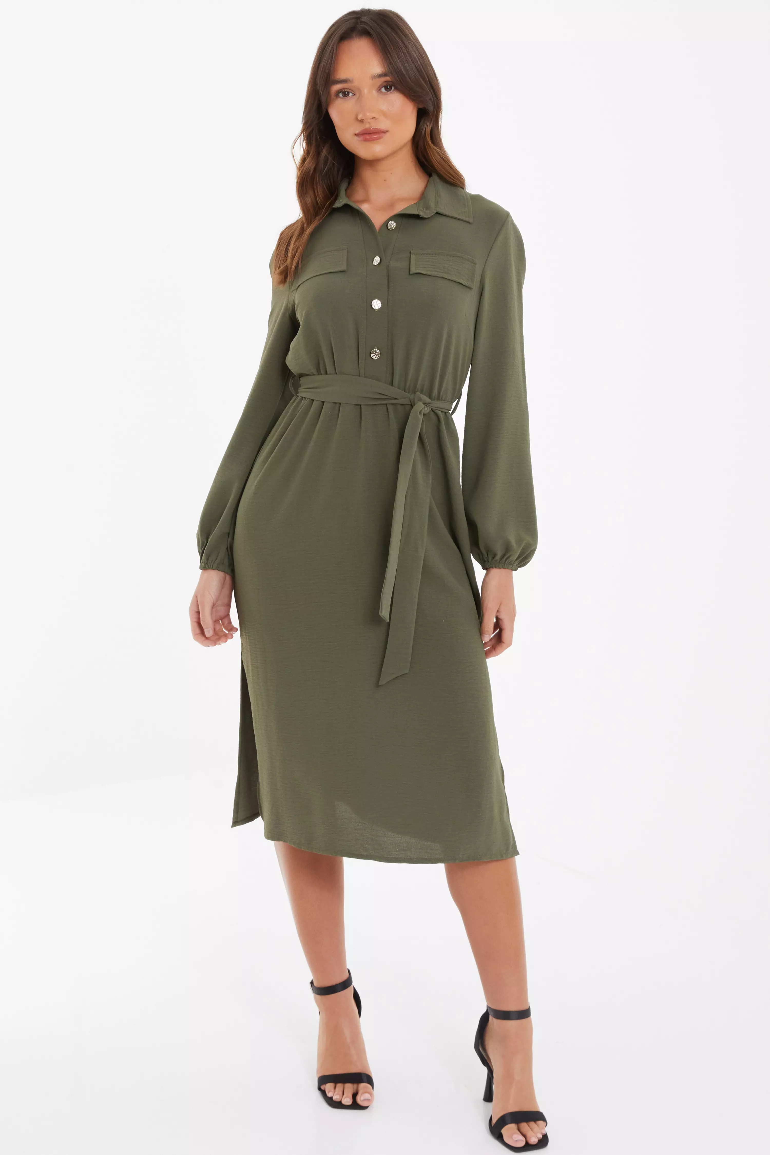 Khaki Long Sleeve Midi Shirt Dress