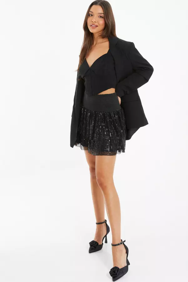 Black Sequin Frill Mini Skirt