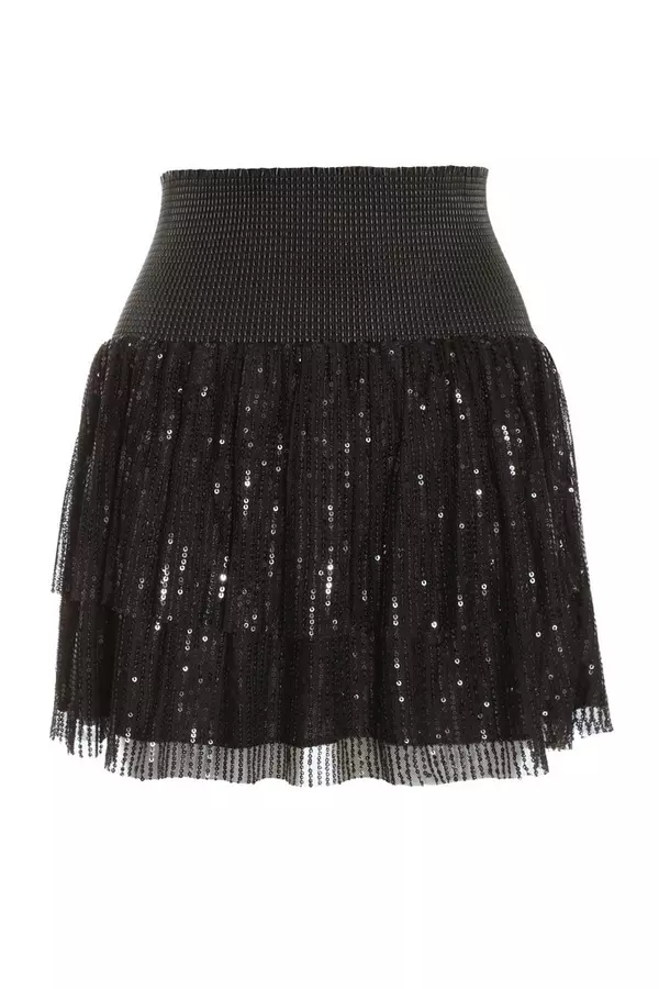 Black Sequin Frill Mini Skirt