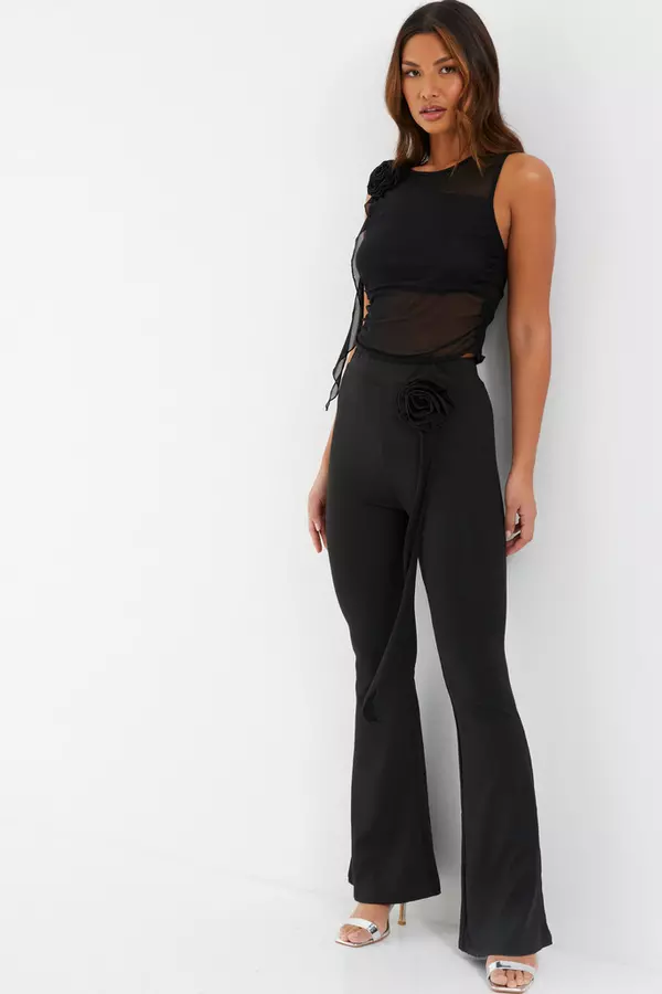Black Mesh Ruched Corsage Top