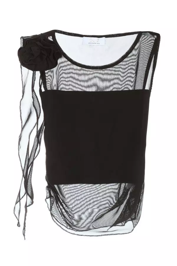 Black Mesh Ruched Corsage Top