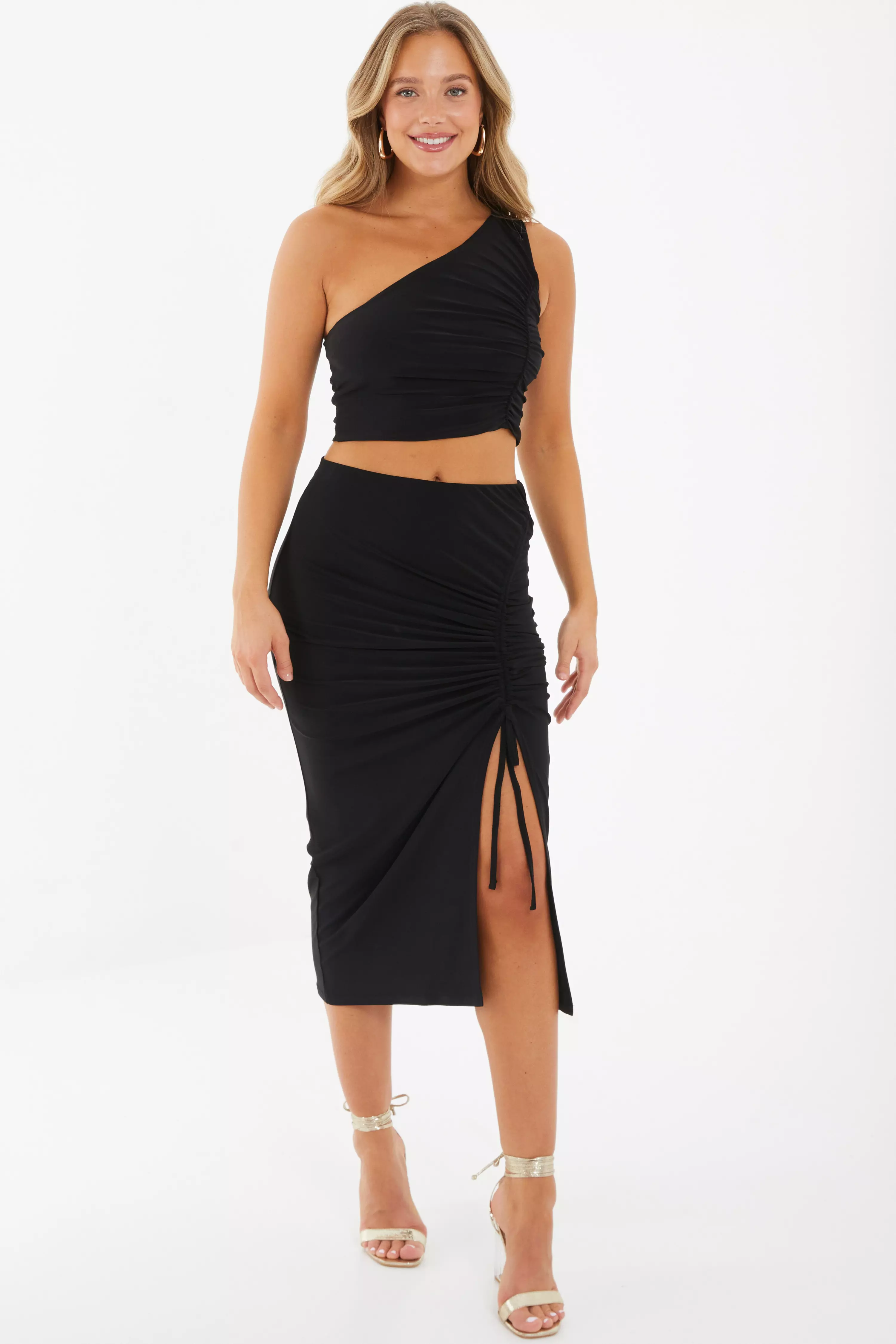 Black Ruched Bodycon Midi Skirt