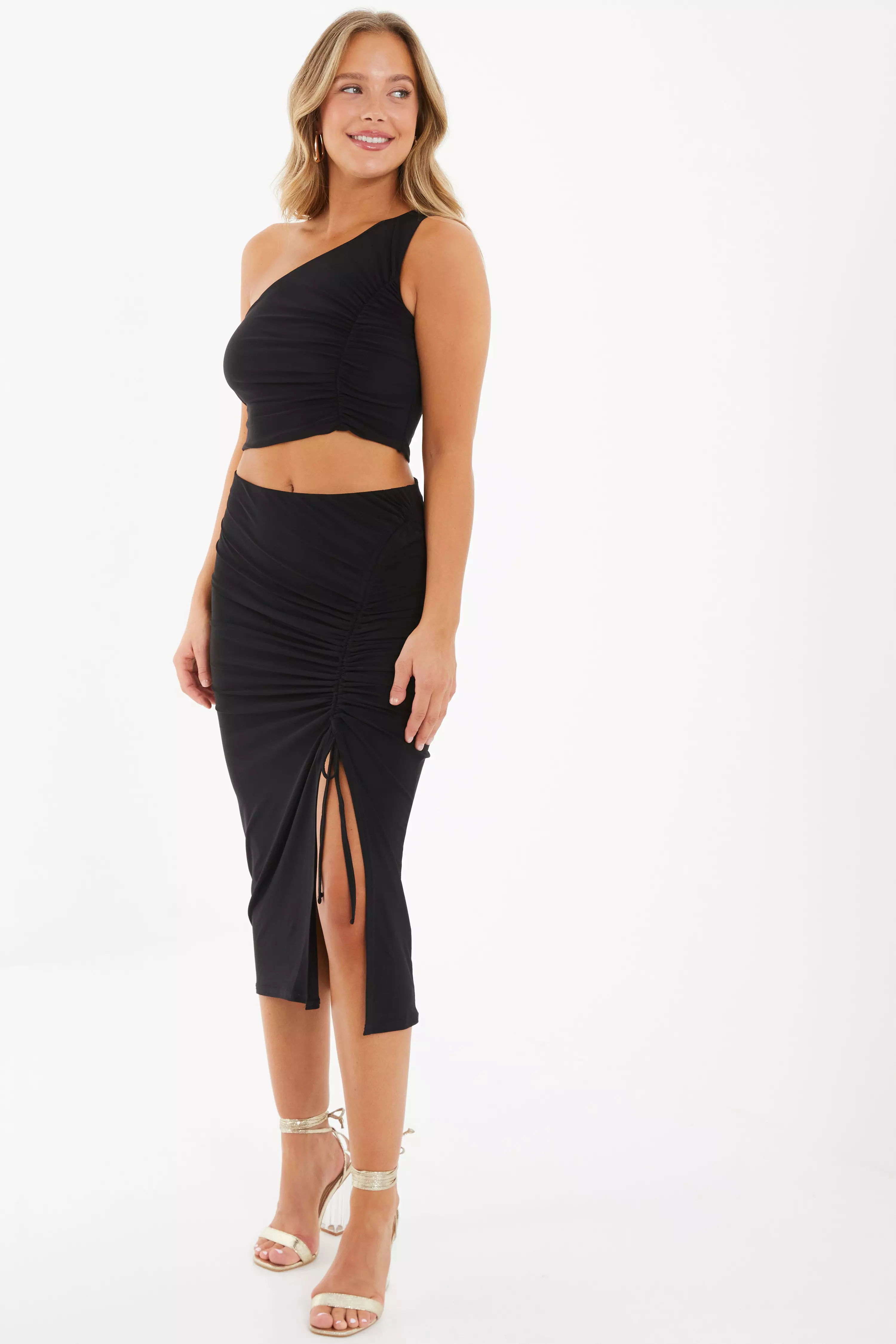 Black Ruched Bodycon Midi Skirt